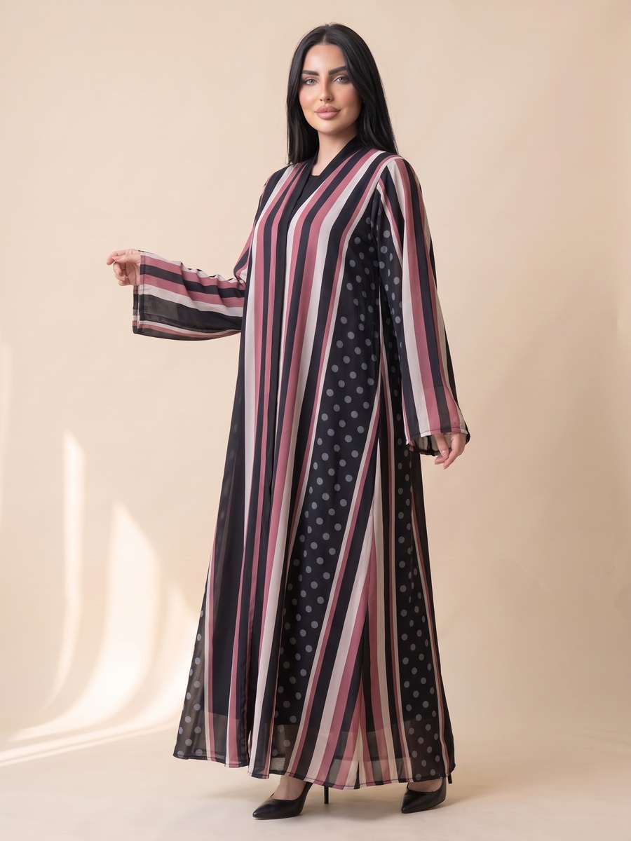 Black Striped Abaya with Polka Dot Accent