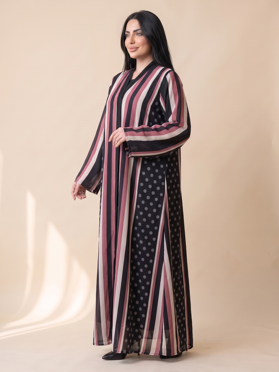 Black Striped Abaya with Polka Dot Accent