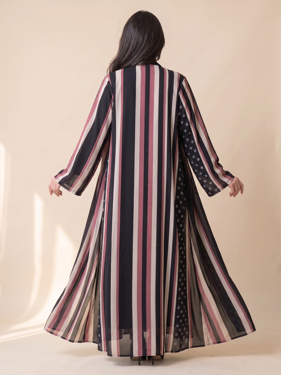 Black Striped Abaya with Polka Dot Accent