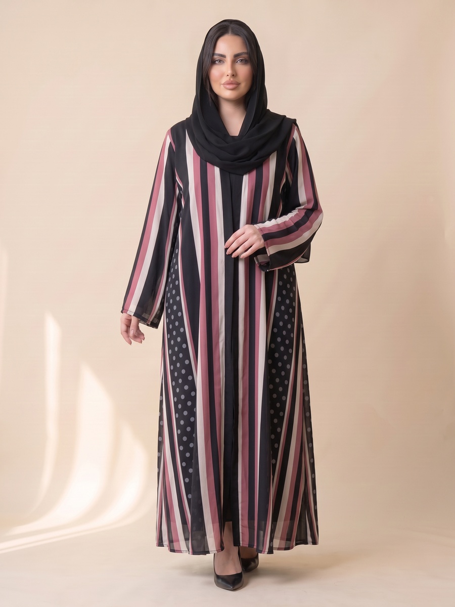 Black Striped Abaya with Polka Dot Accent