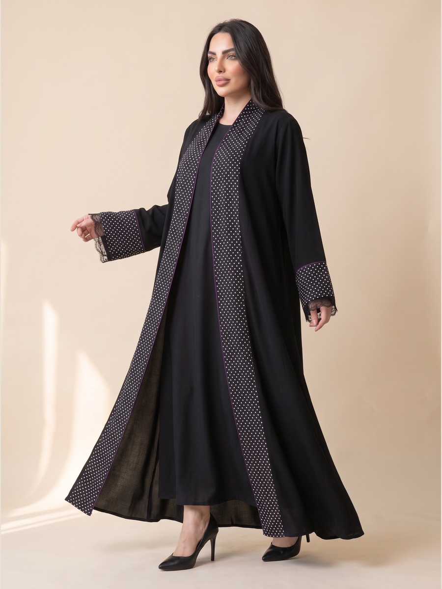 Black Abaya with Polka Dot and Lace Trim