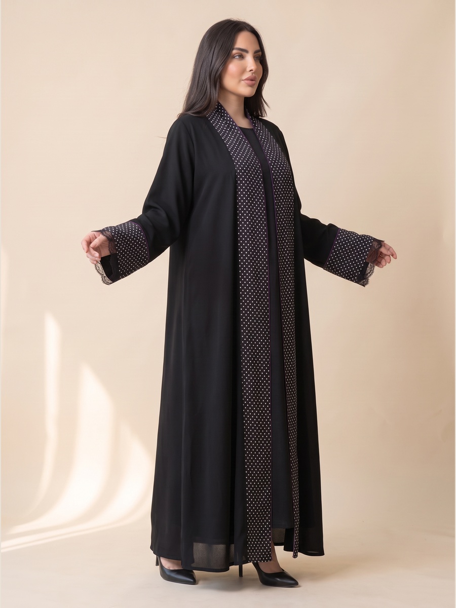 Black Abaya with Polka Dot and Lace Trim