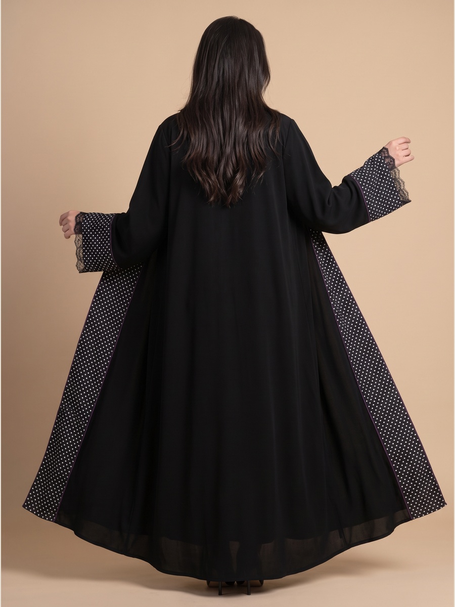 Black Abaya with Polka Dot and Lace Trim