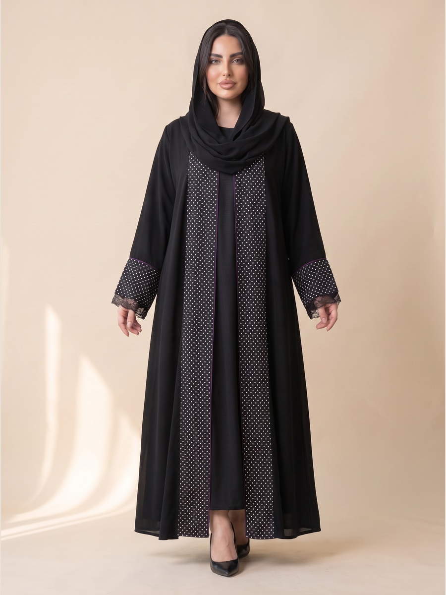 Black Abaya with Polka Dot and Lace Trim