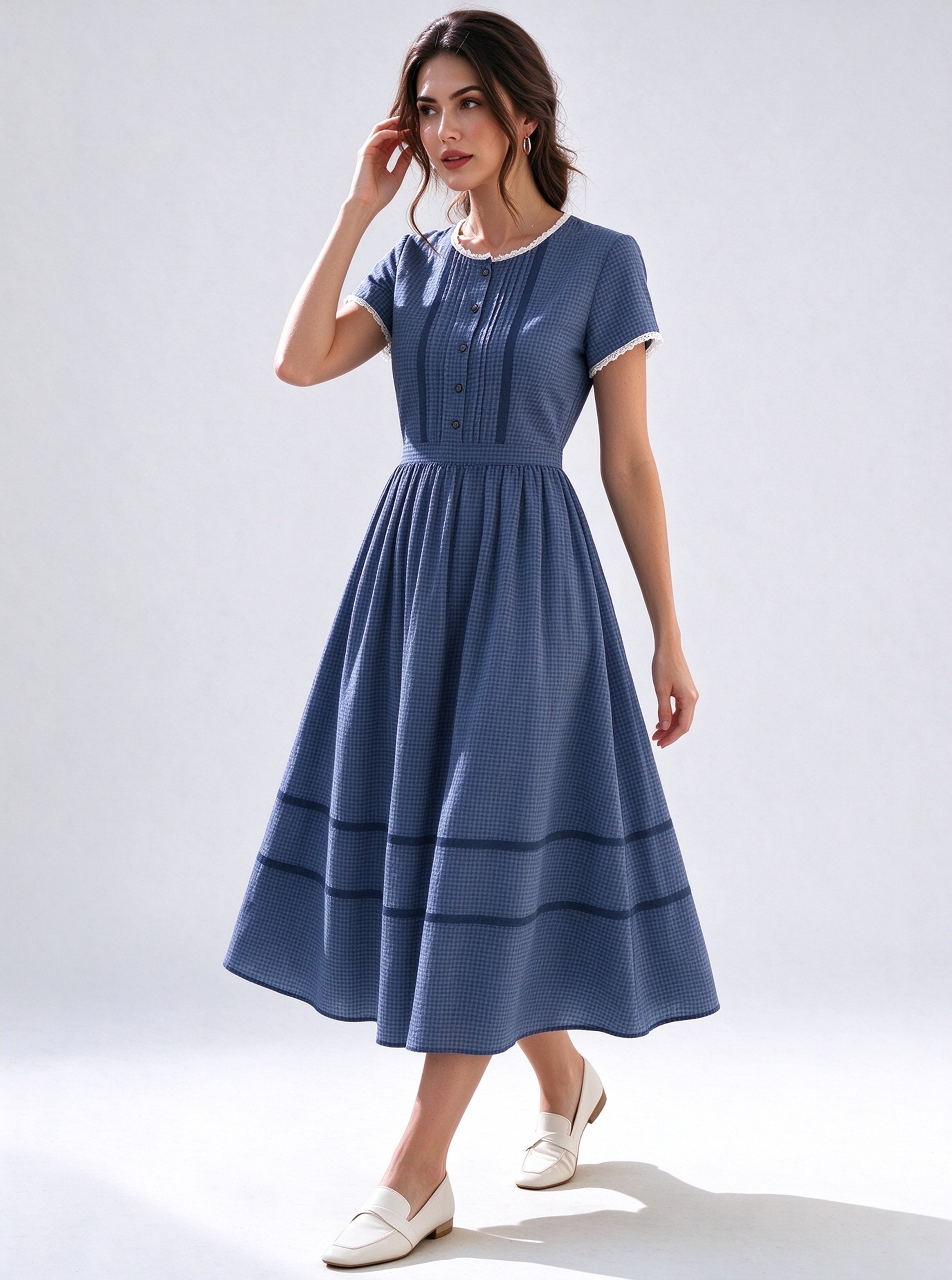 Blue Checked Round Neck A-Line Midi Dress
