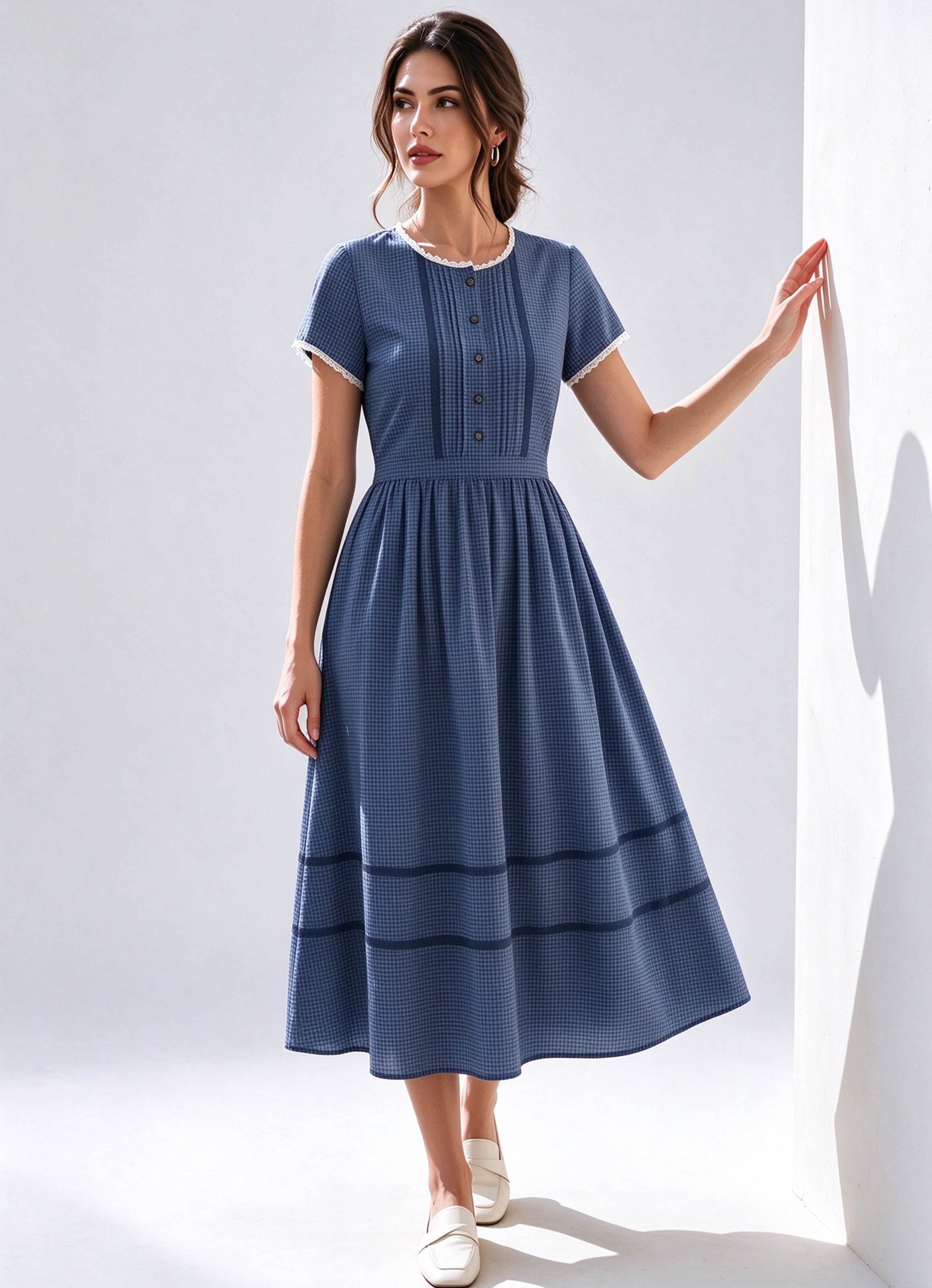 Blue Checked Round Neck A-Line Midi Dress