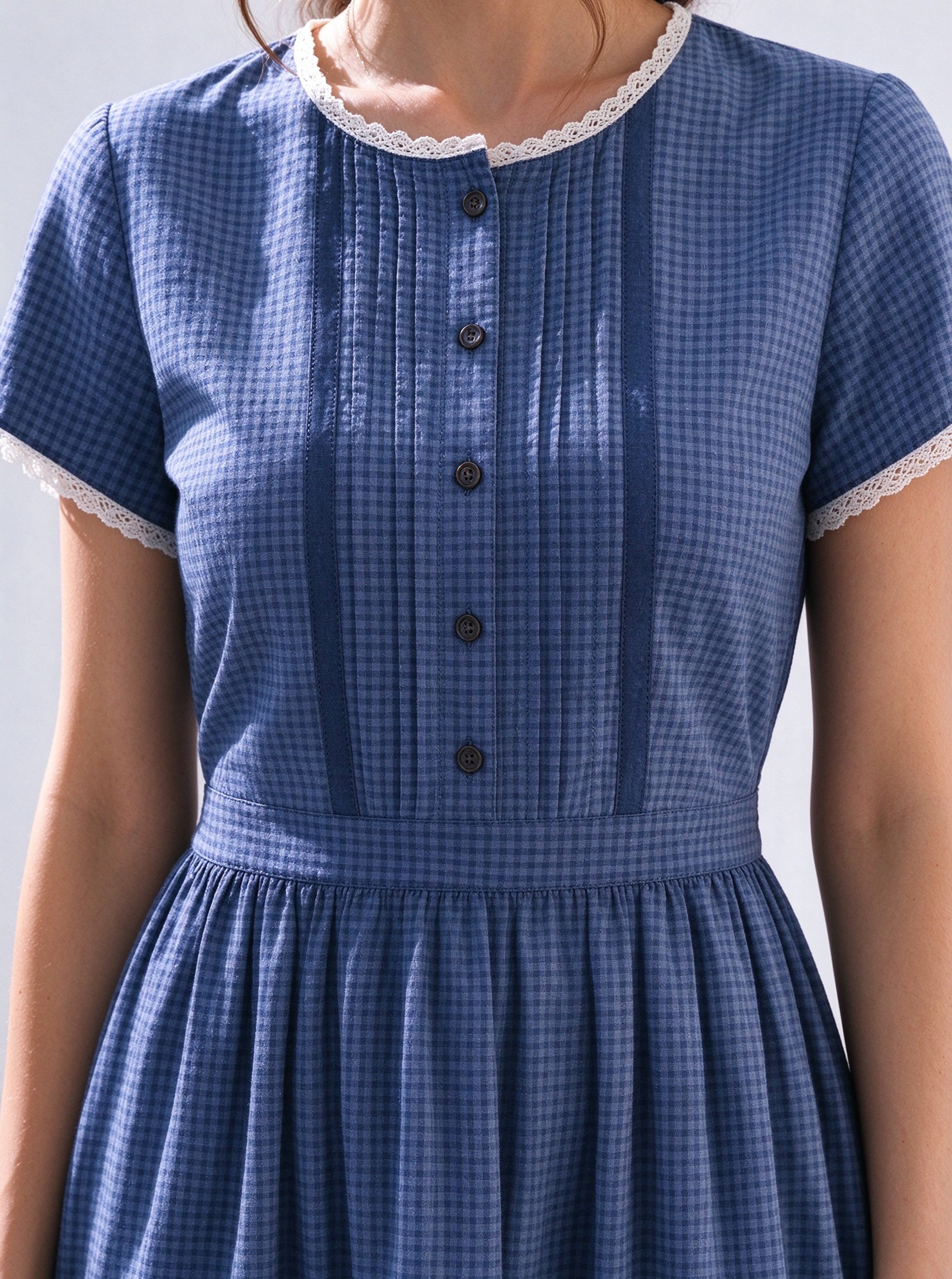 Blue Checked Round Neck A-Line Midi Dress