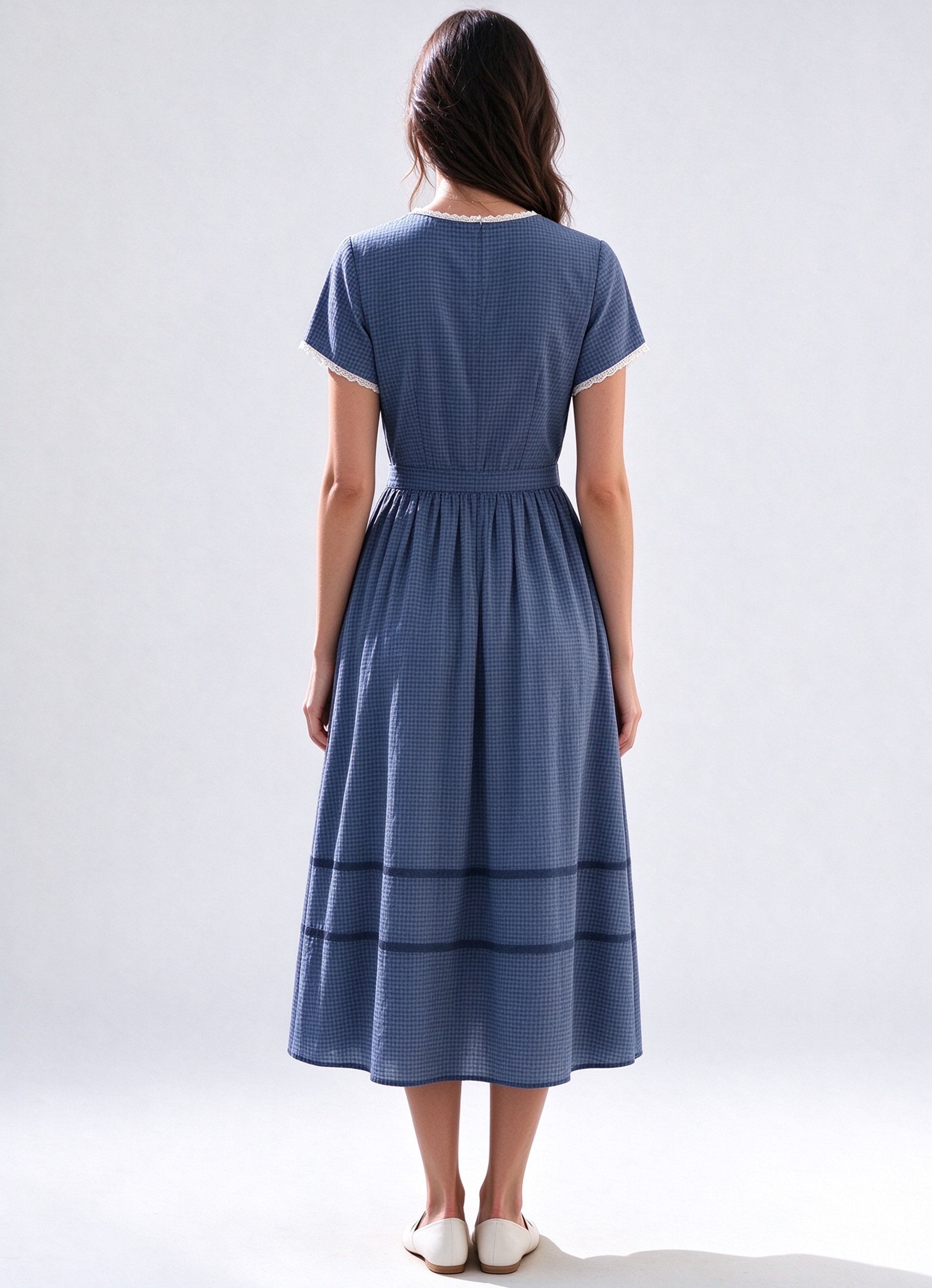 Blue Checked Round Neck A-Line Midi Dress
