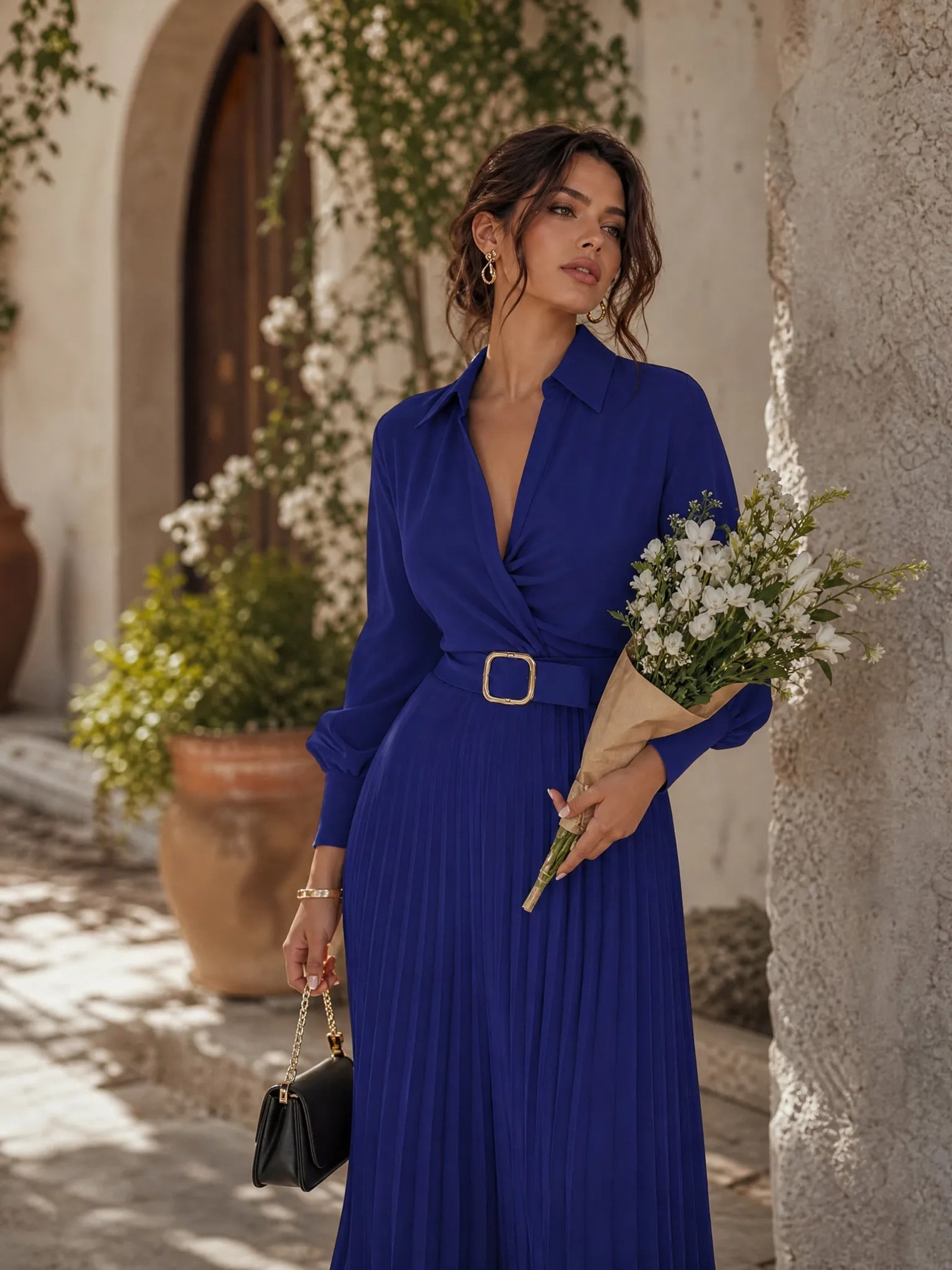 Dark Blue Solid V Neck A-Line Maxi Dress