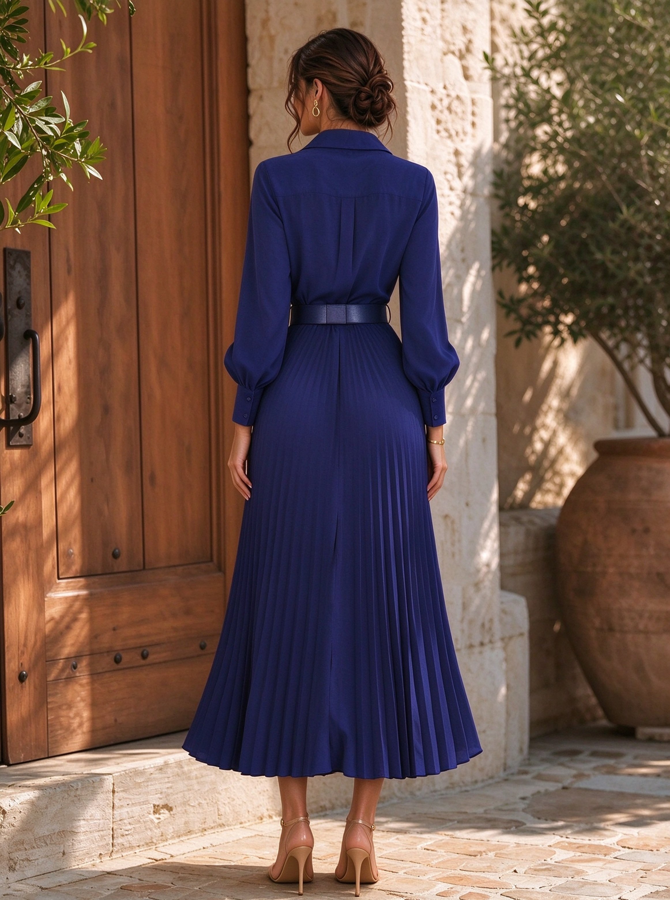 Dark Blue Solid V Neck A-Line Maxi Dress
