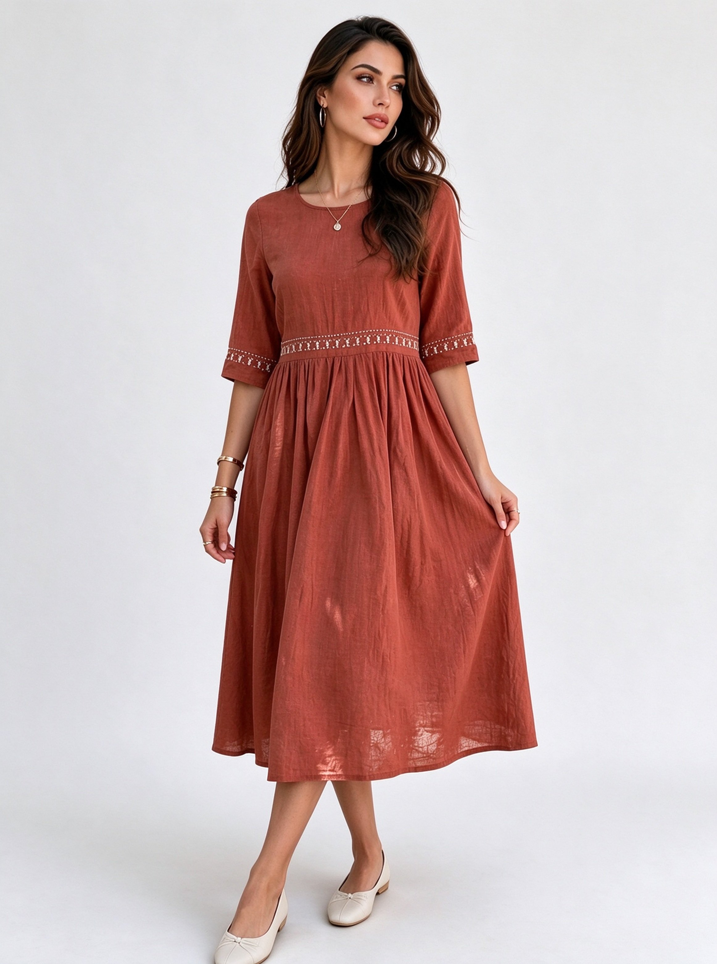 Rust Embroidered Round Neck A-Line Midi Dress
