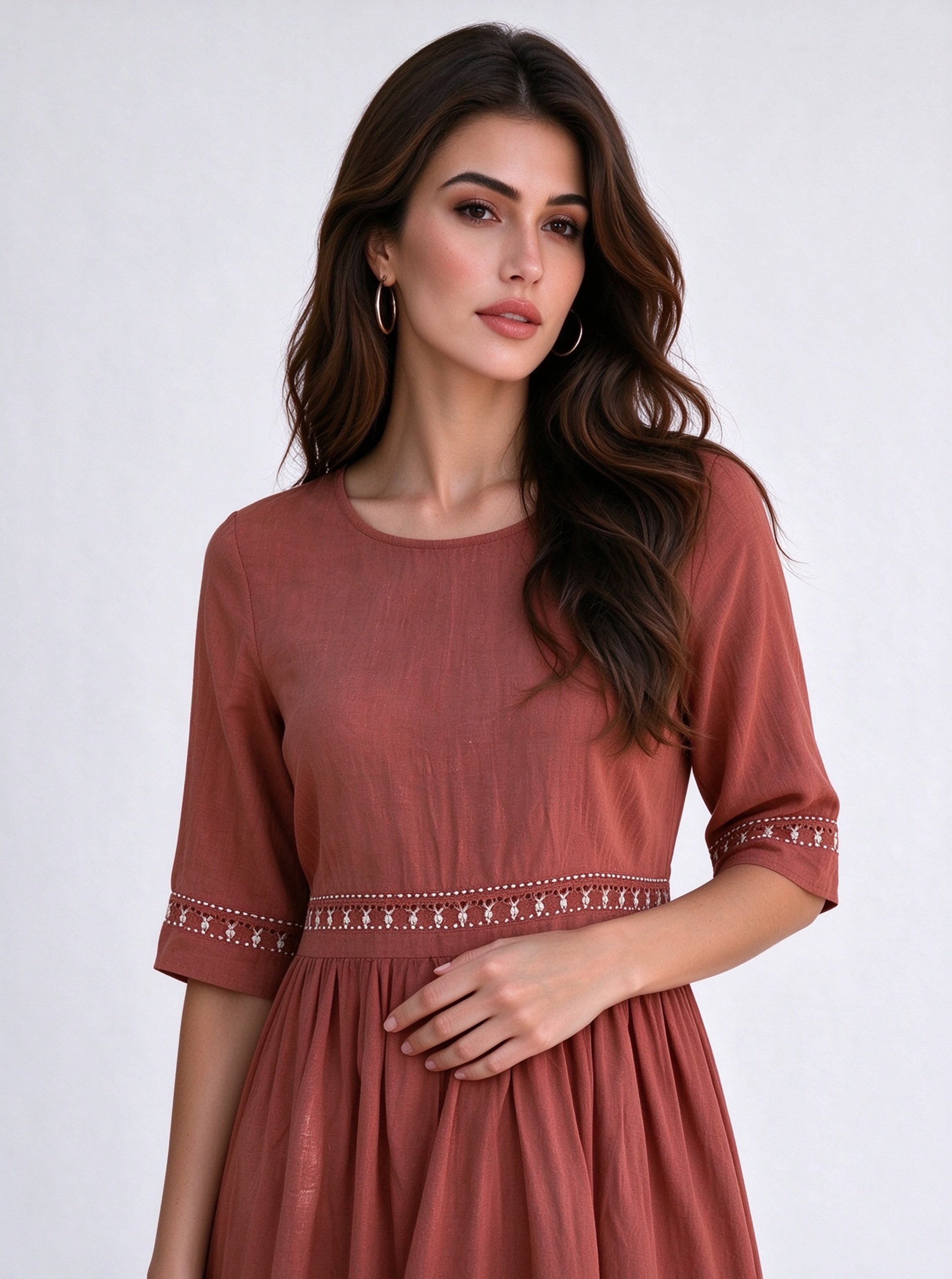 Rust Embroidered Round Neck A-Line Midi Dress