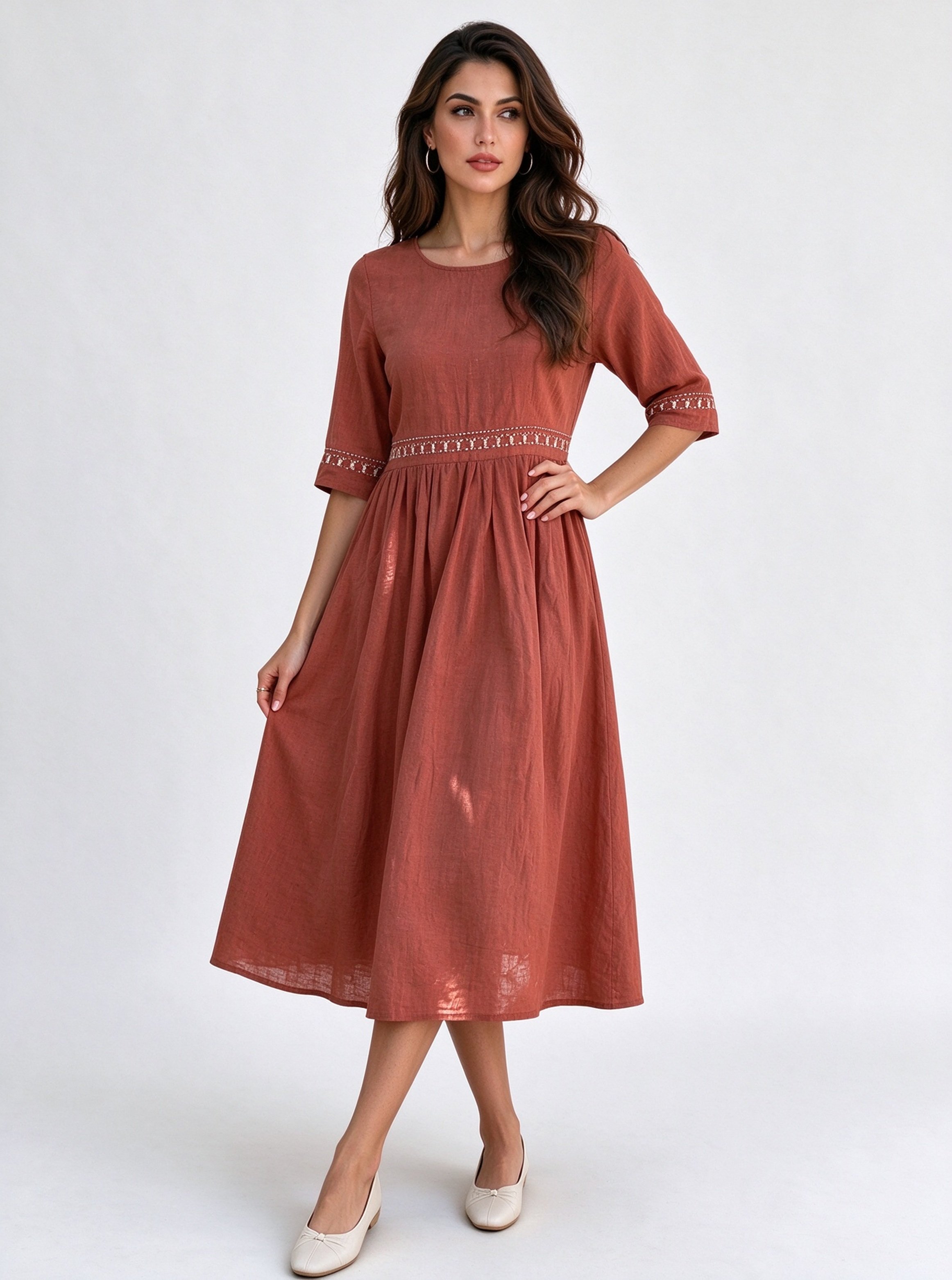Rust Embroidered Round Neck A-Line Midi Dress