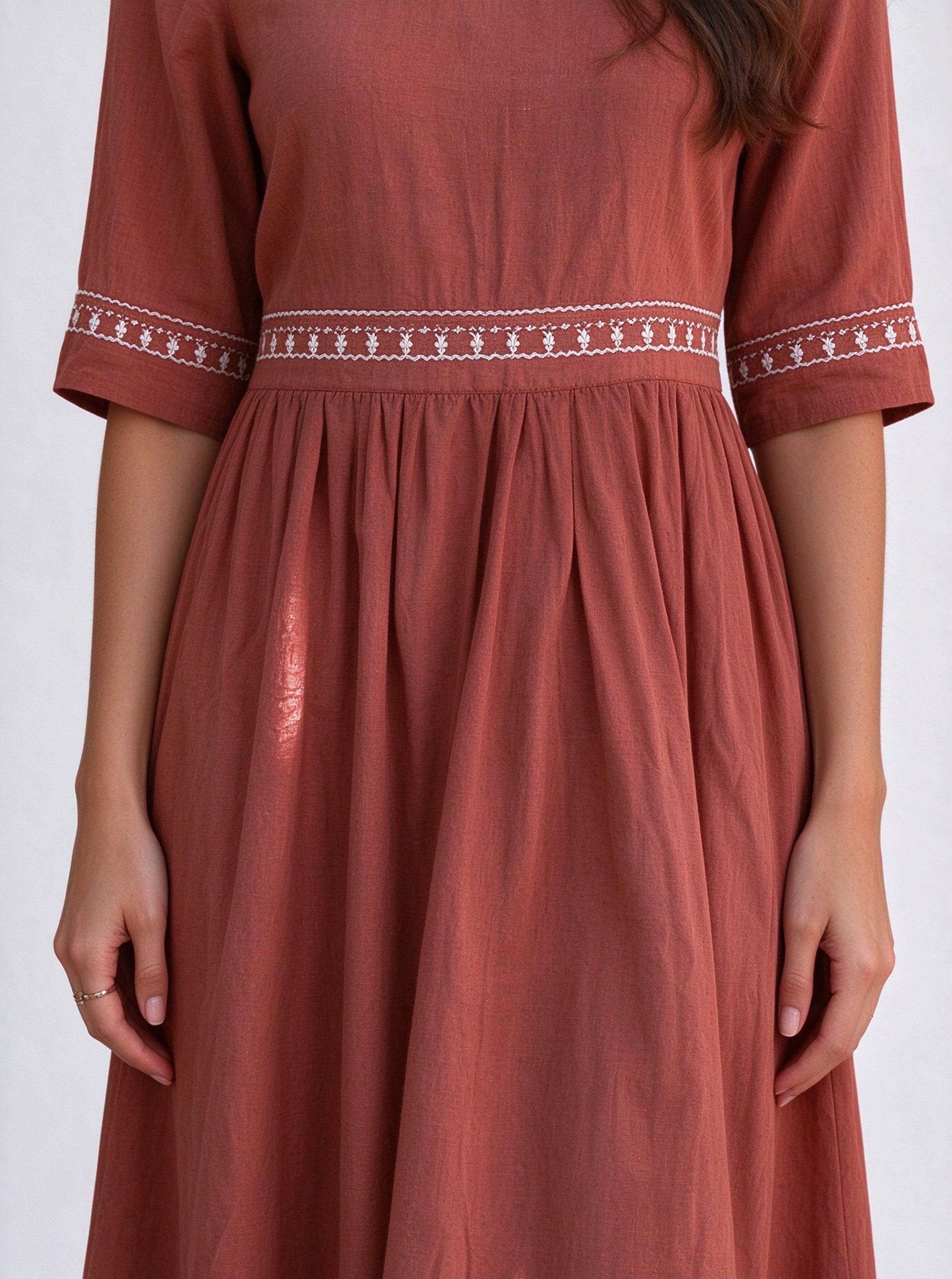 Rust Embroidered Round Neck A-Line Midi Dress