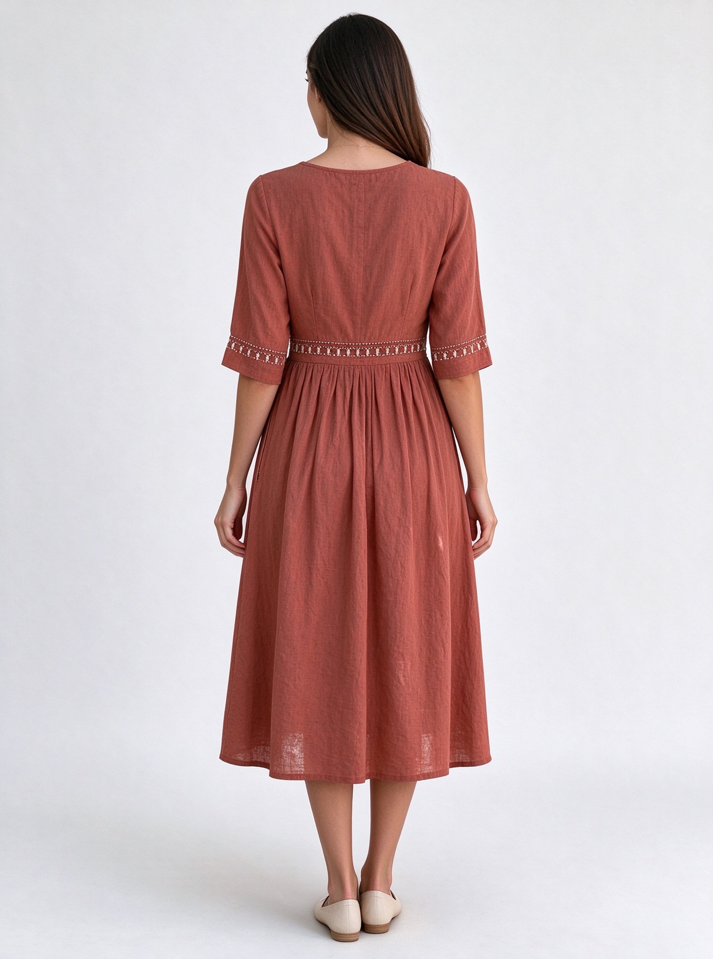 Rust Embroidered Round Neck A-Line Midi Dress