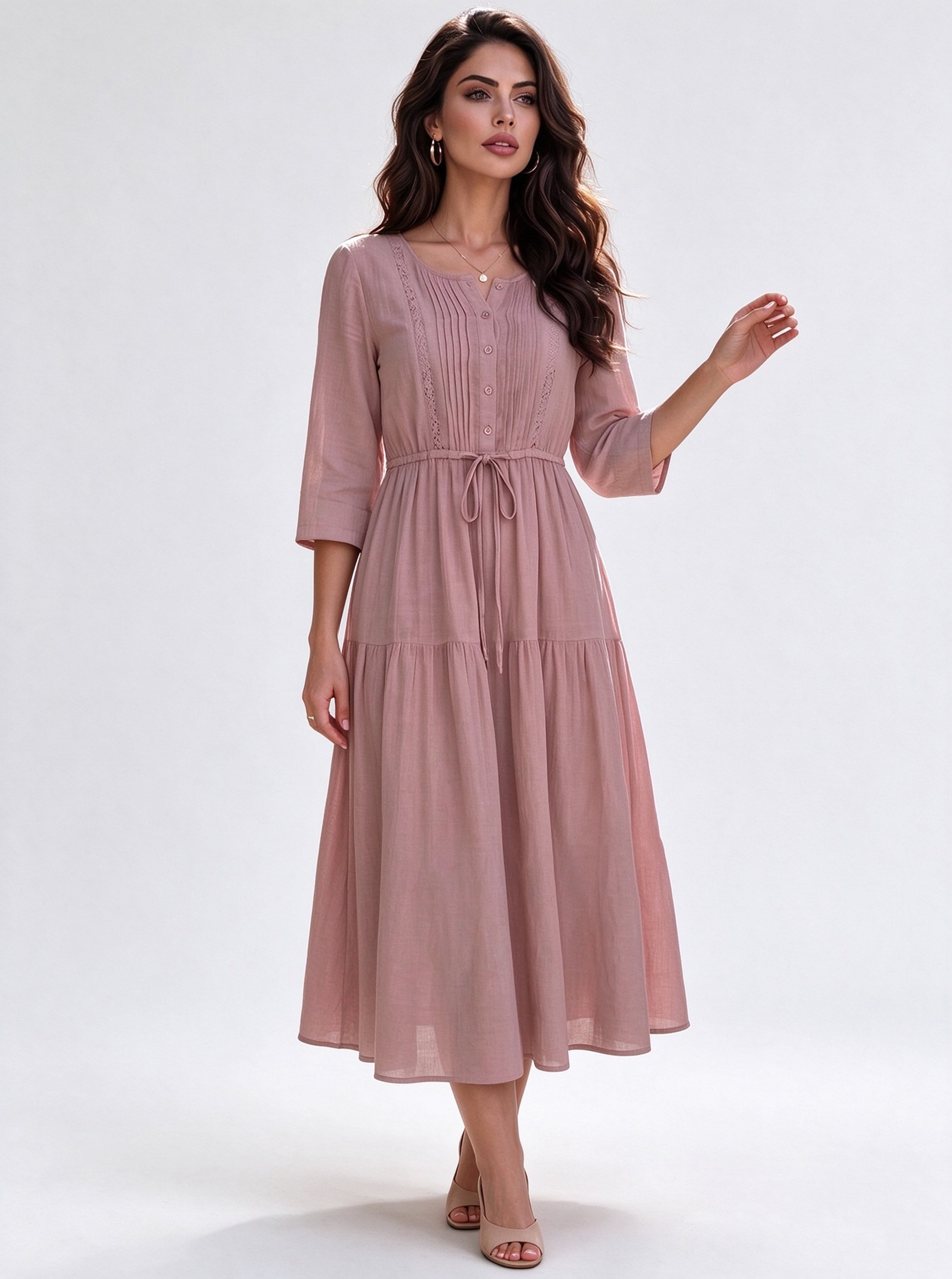 Pink Solid Round Neck A-Line Midi Dress