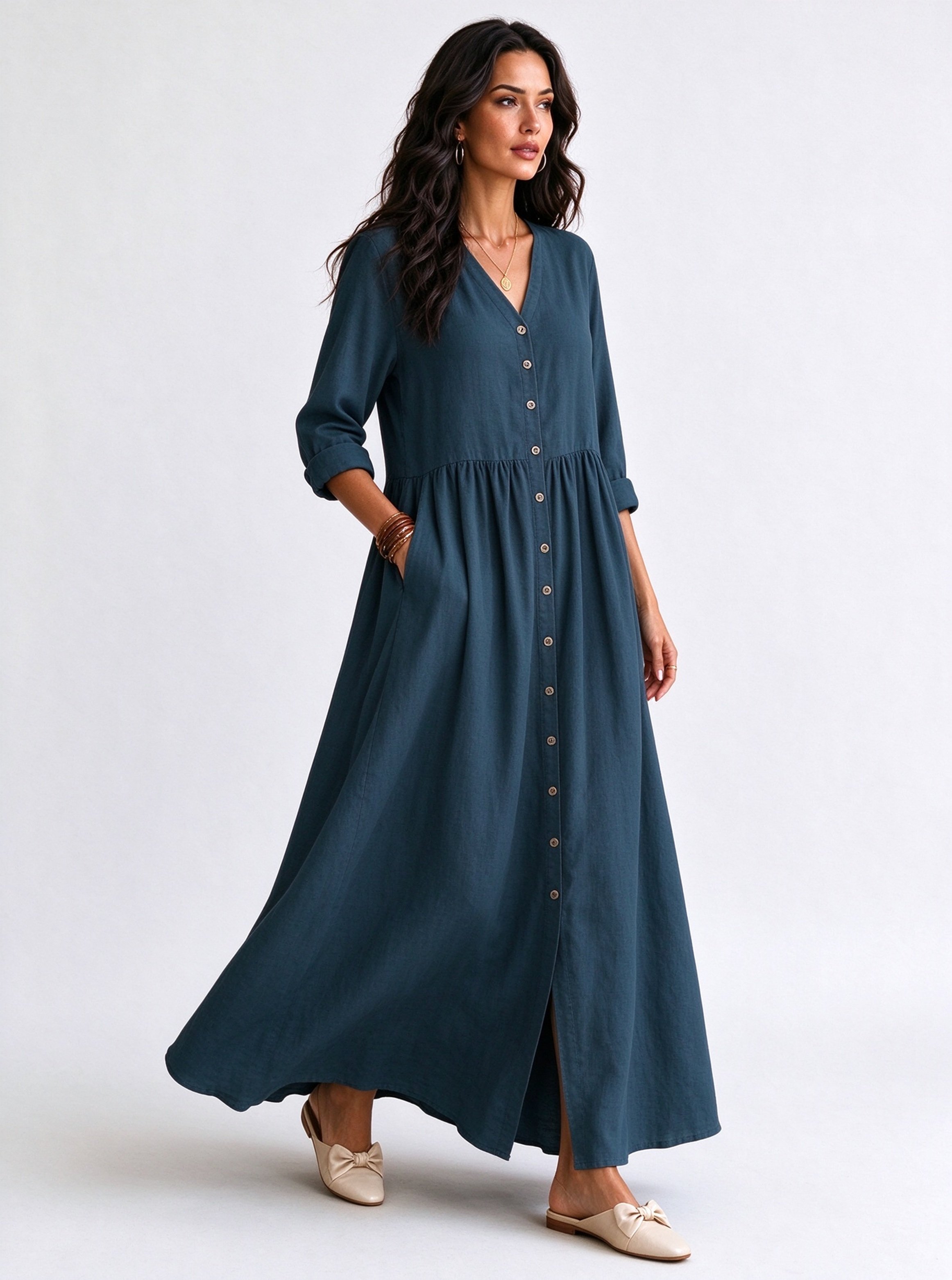 Teal Solid V Neck A-Line Ankle length Dress