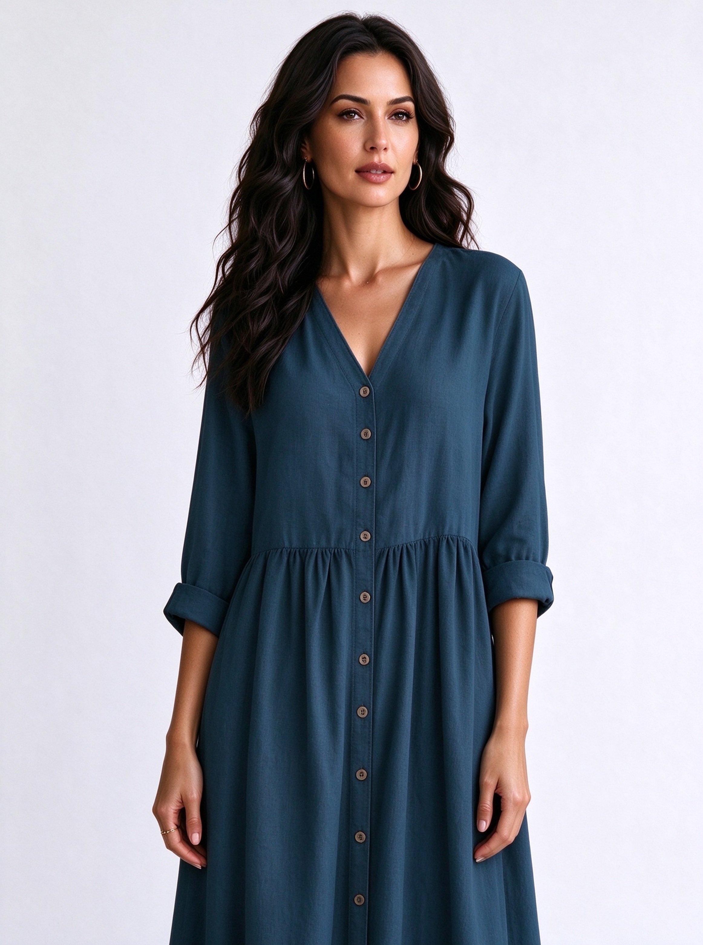 Teal Solid V Neck A-Line Ankle length Dress