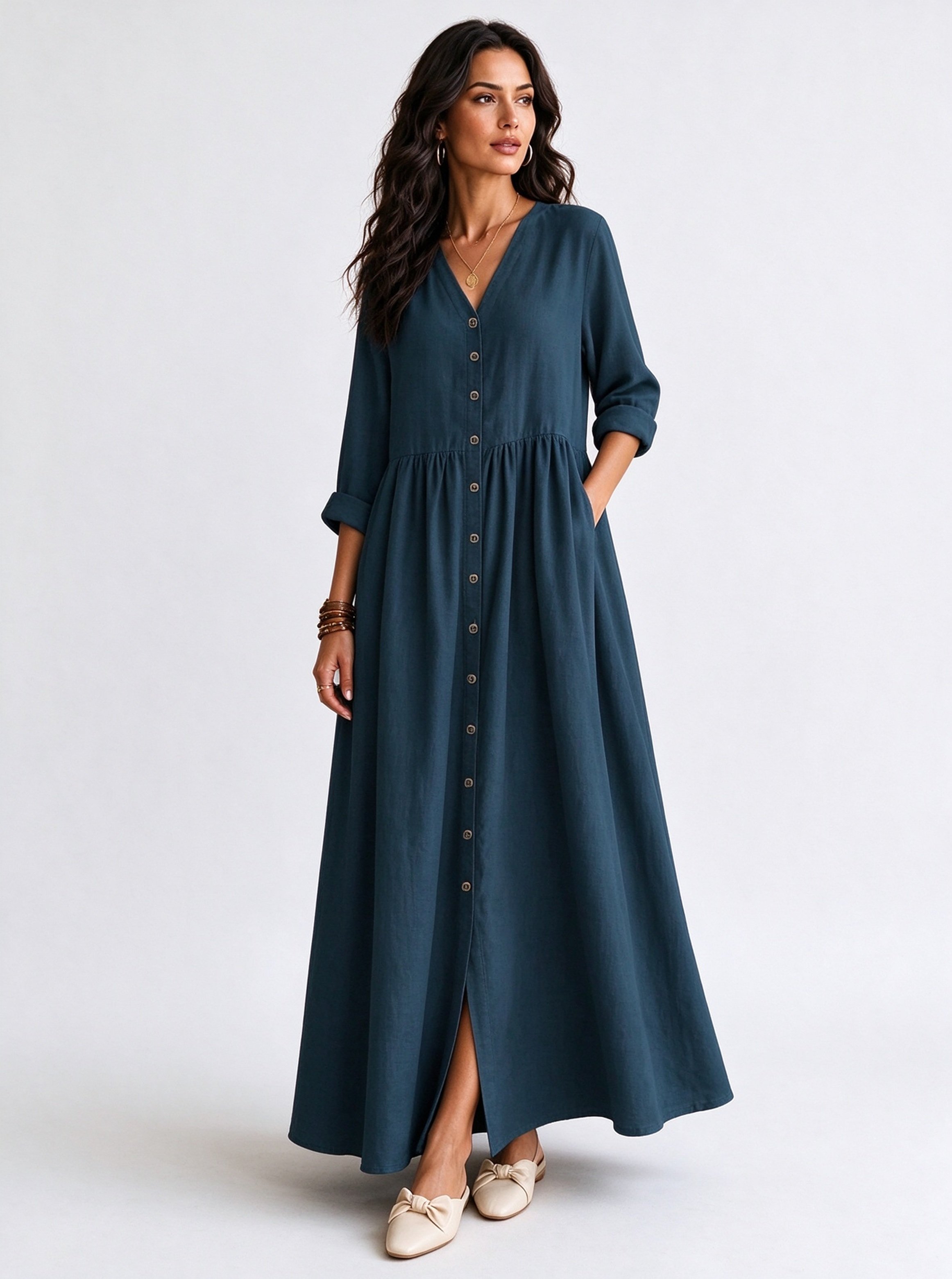 Teal Solid V Neck A-Line Ankle length Dress