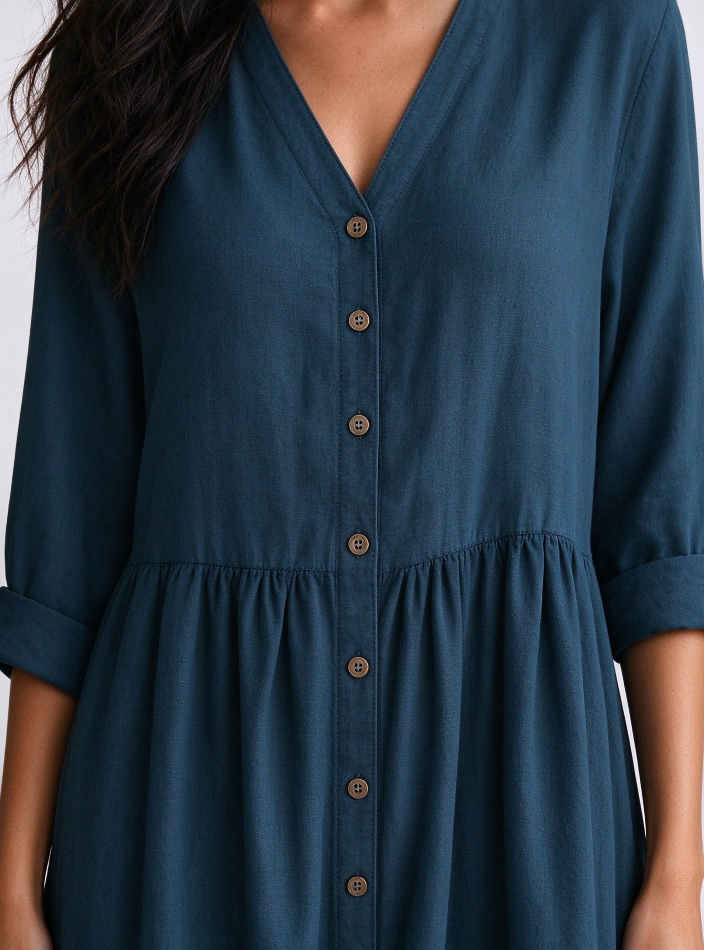 Teal Solid V Neck A-Line Ankle length Dress