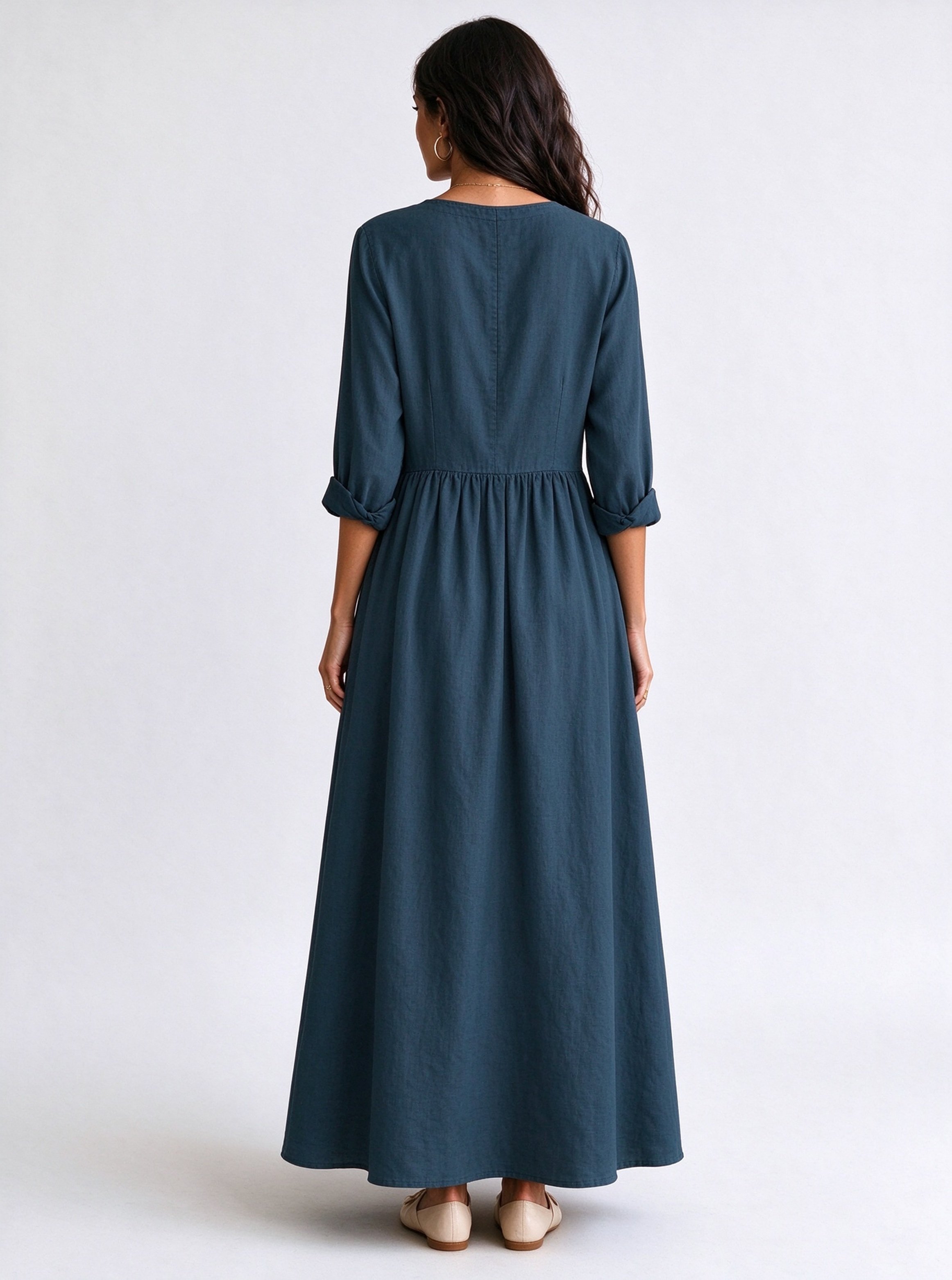 Teal Solid V Neck A-Line Ankle length Dress