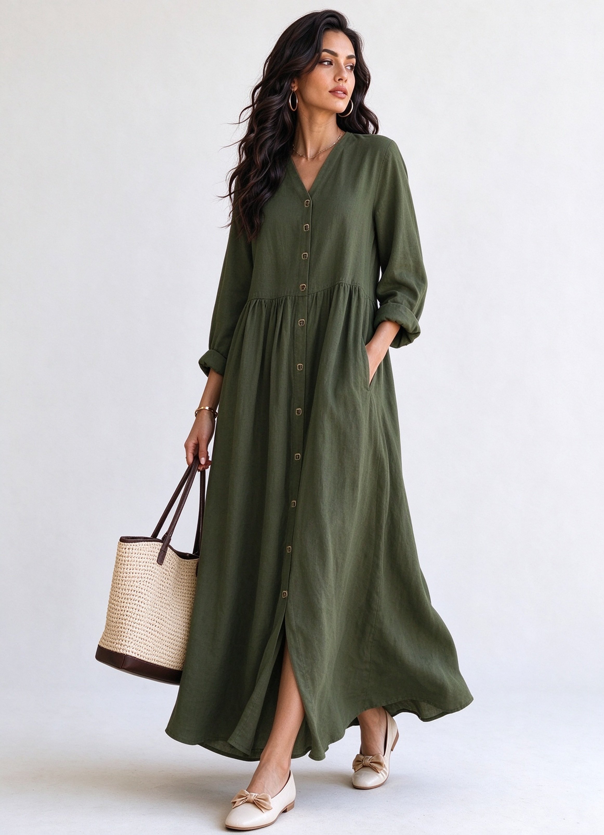 Olive Solid V Neck A-Line Ankle length Dress