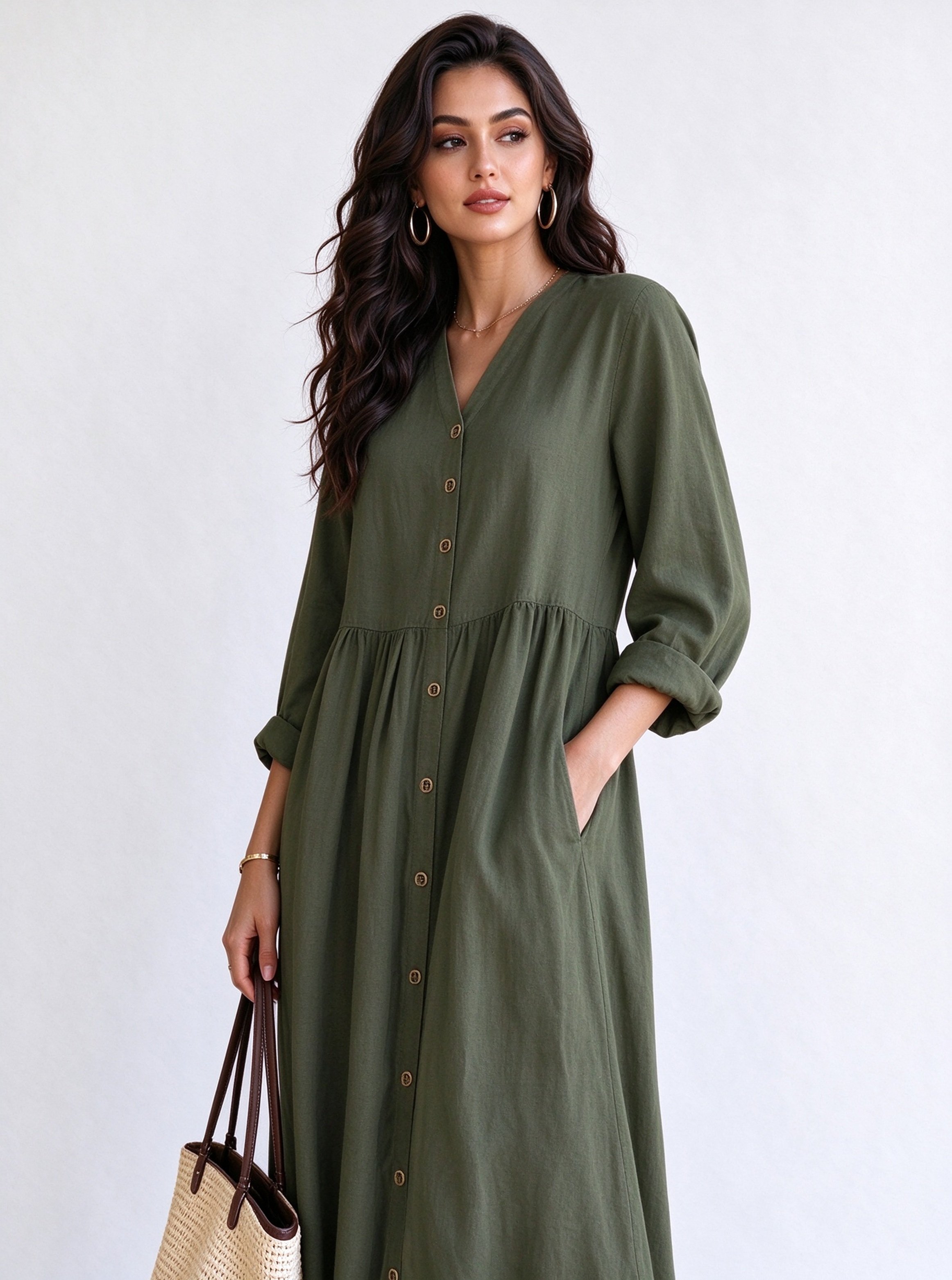 Olive Solid V Neck A-Line Ankle length Dress