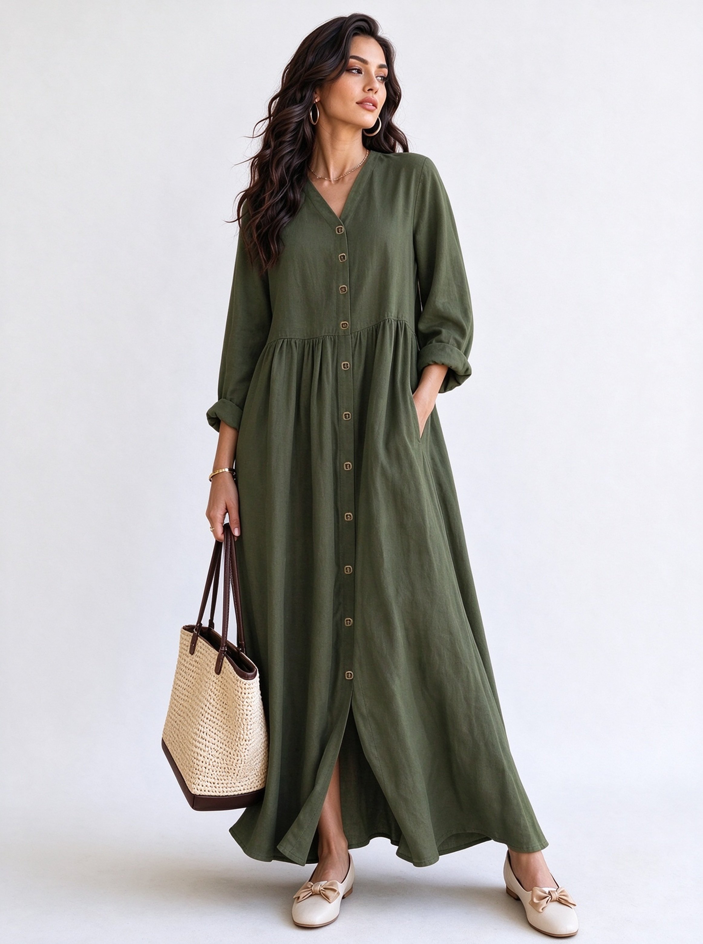 Olive Solid V Neck A-Line Ankle length Dress
