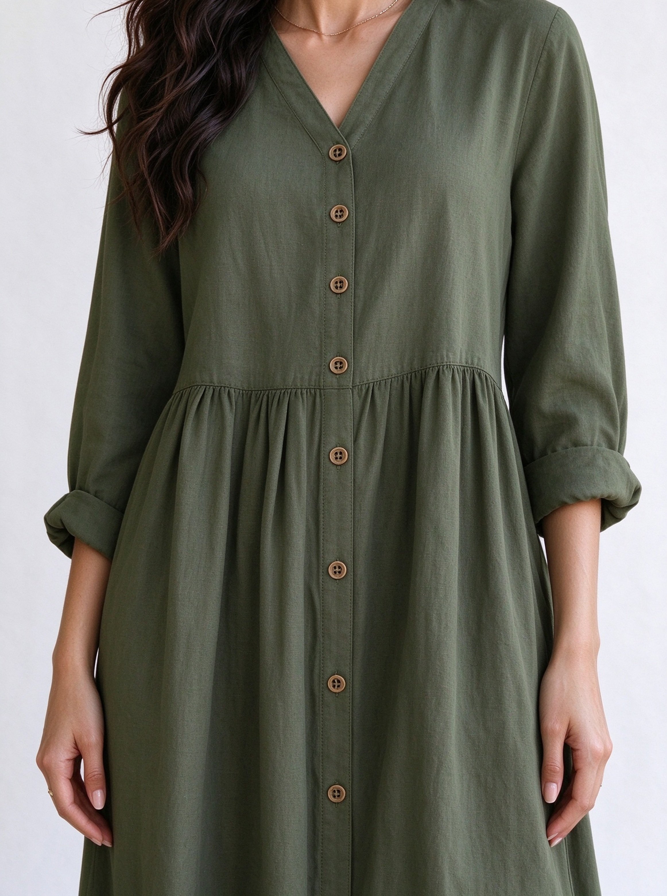 Olive Solid V Neck A-Line Ankle length Dress