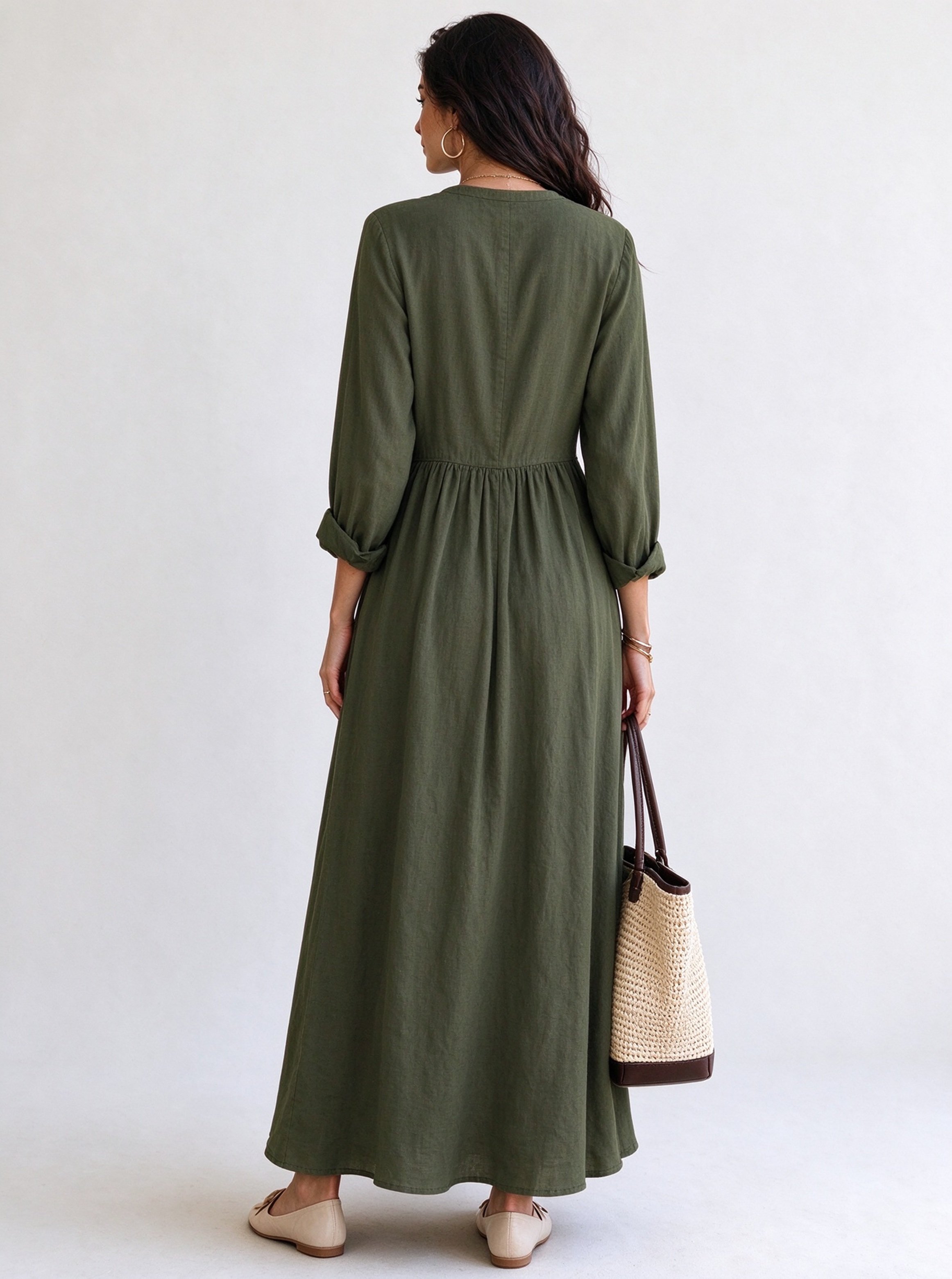 Olive Solid V Neck A-Line Ankle length Dress
