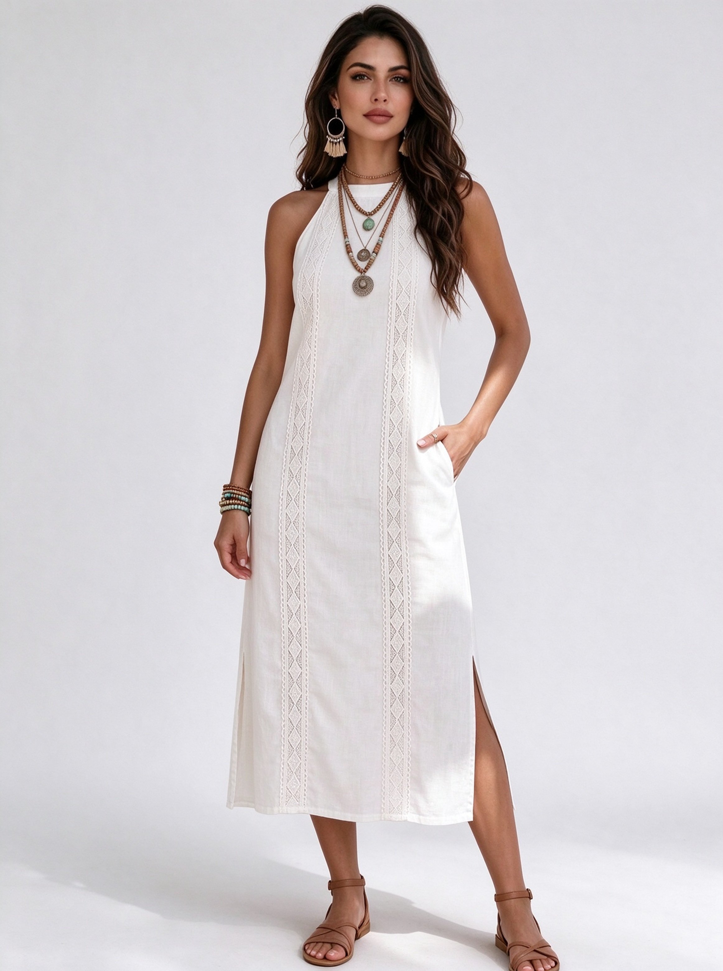 White Embroidered Halter Neck Shift Midi Dress