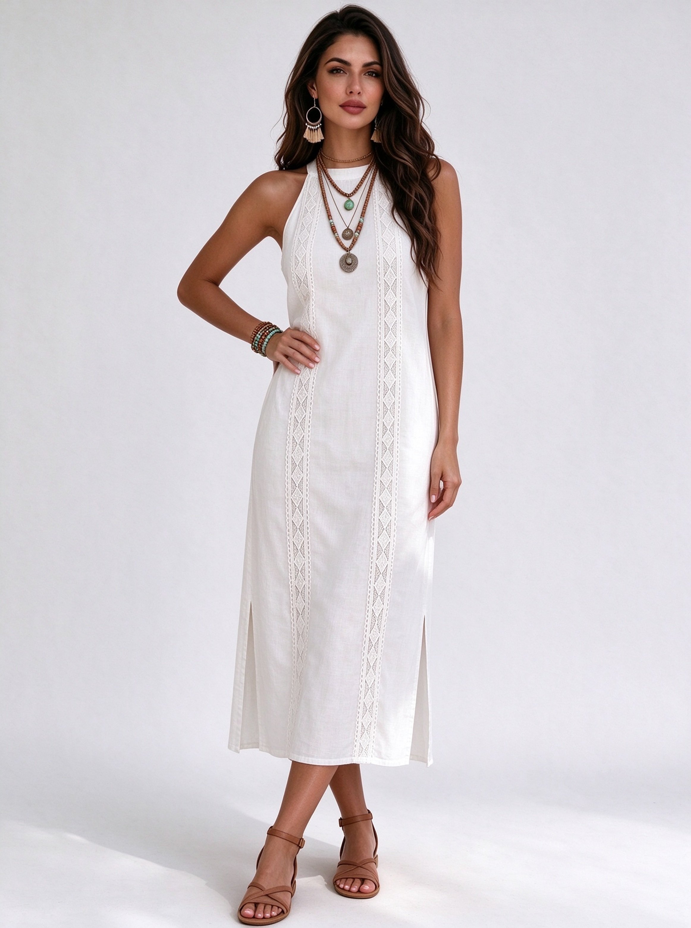 White Embroidered Halter Neck Shift Midi Dress