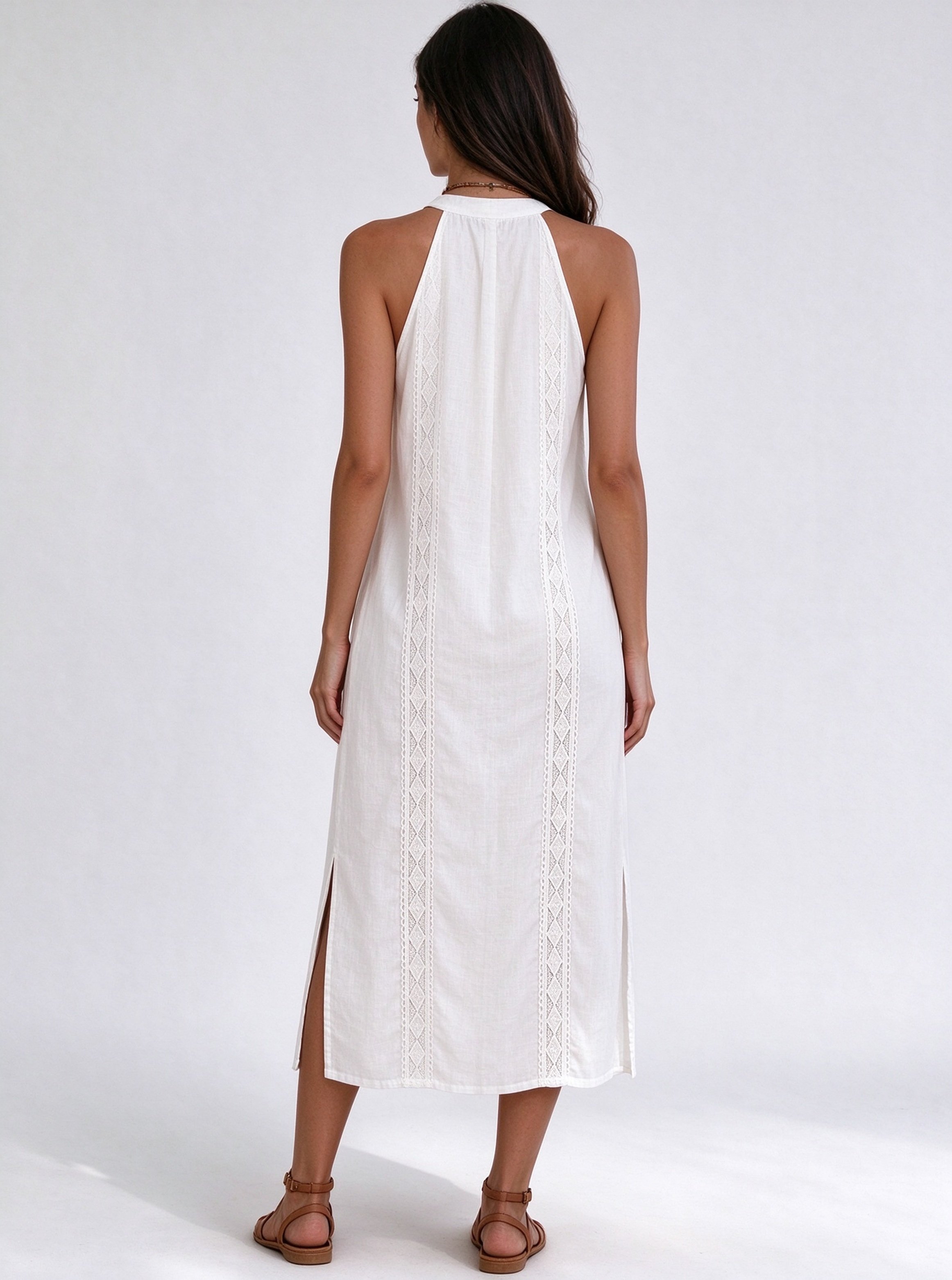 White Embroidered Halter Neck Shift Midi Dress