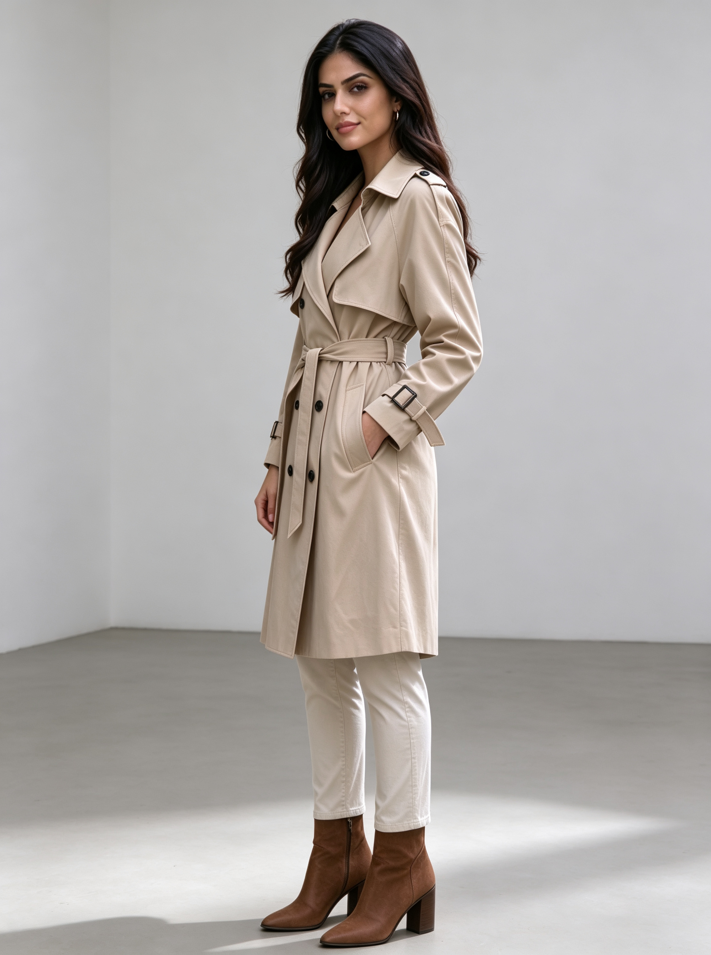 Beige Solid Regular Trench Coat