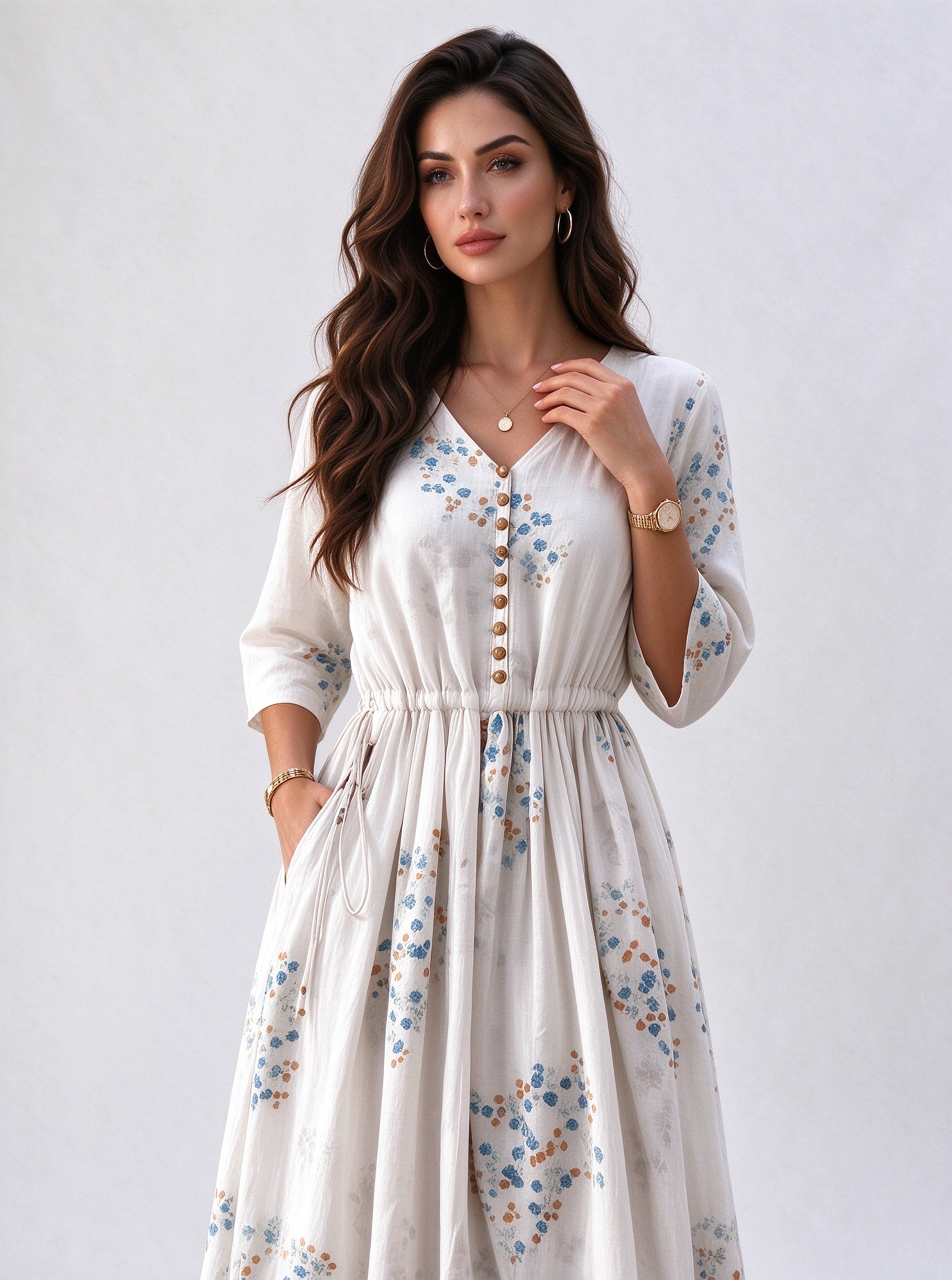 Off White Printed V Neck A-Line Maxi Dress