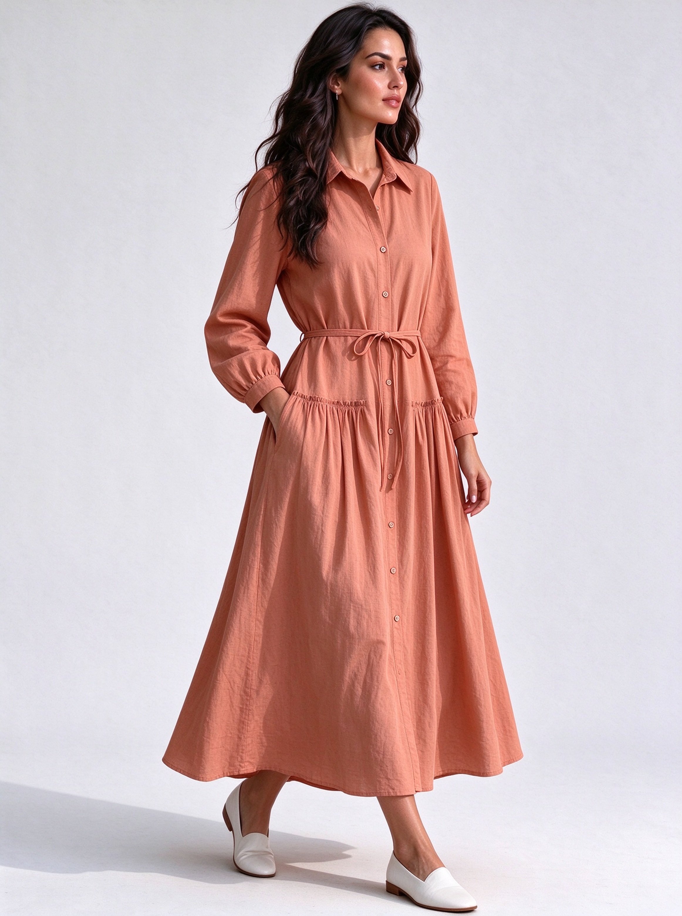 Peach Solid Collared A-Line Maxi Dress