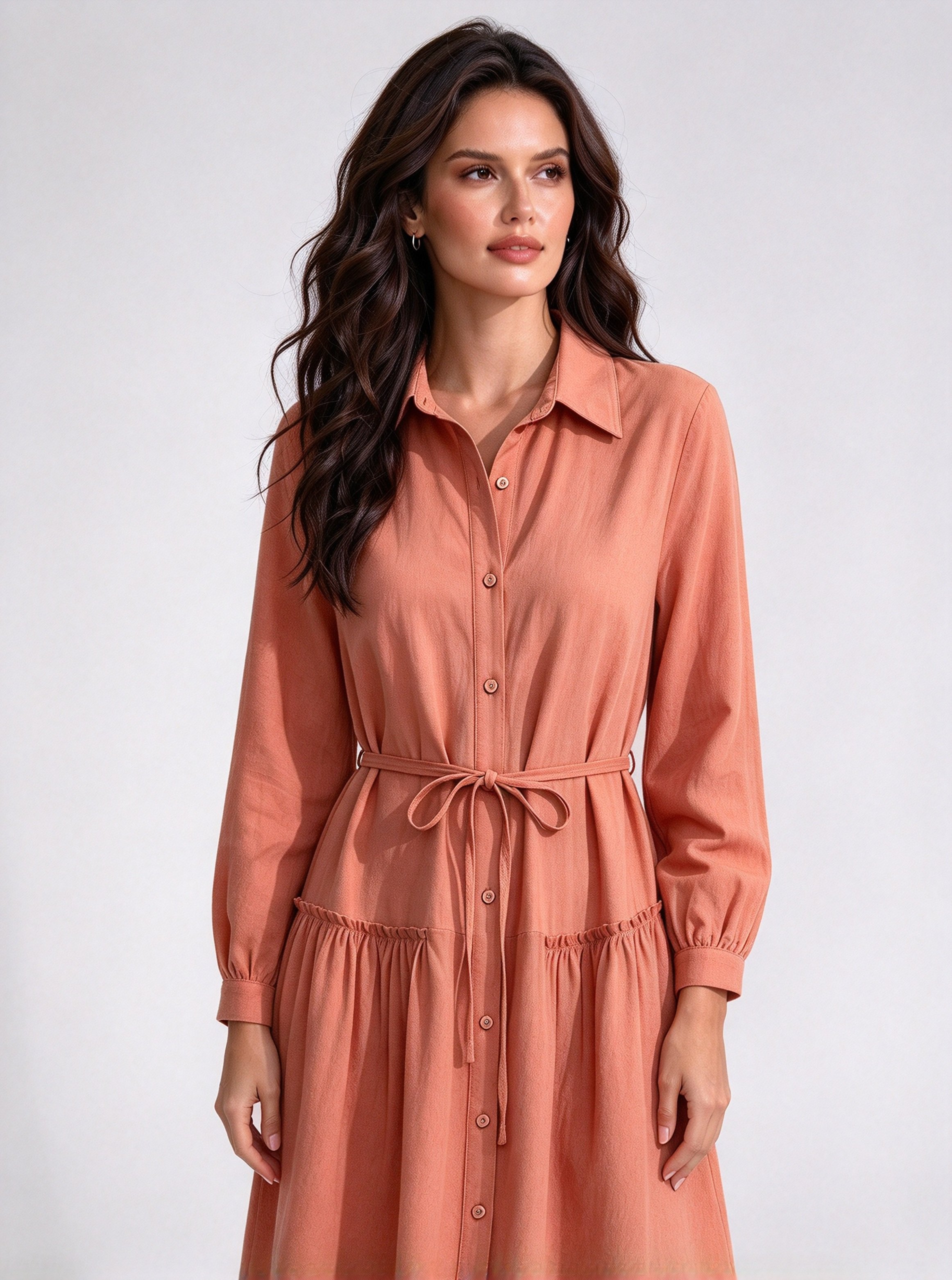 Peach Solid Collared A-Line Maxi Dress