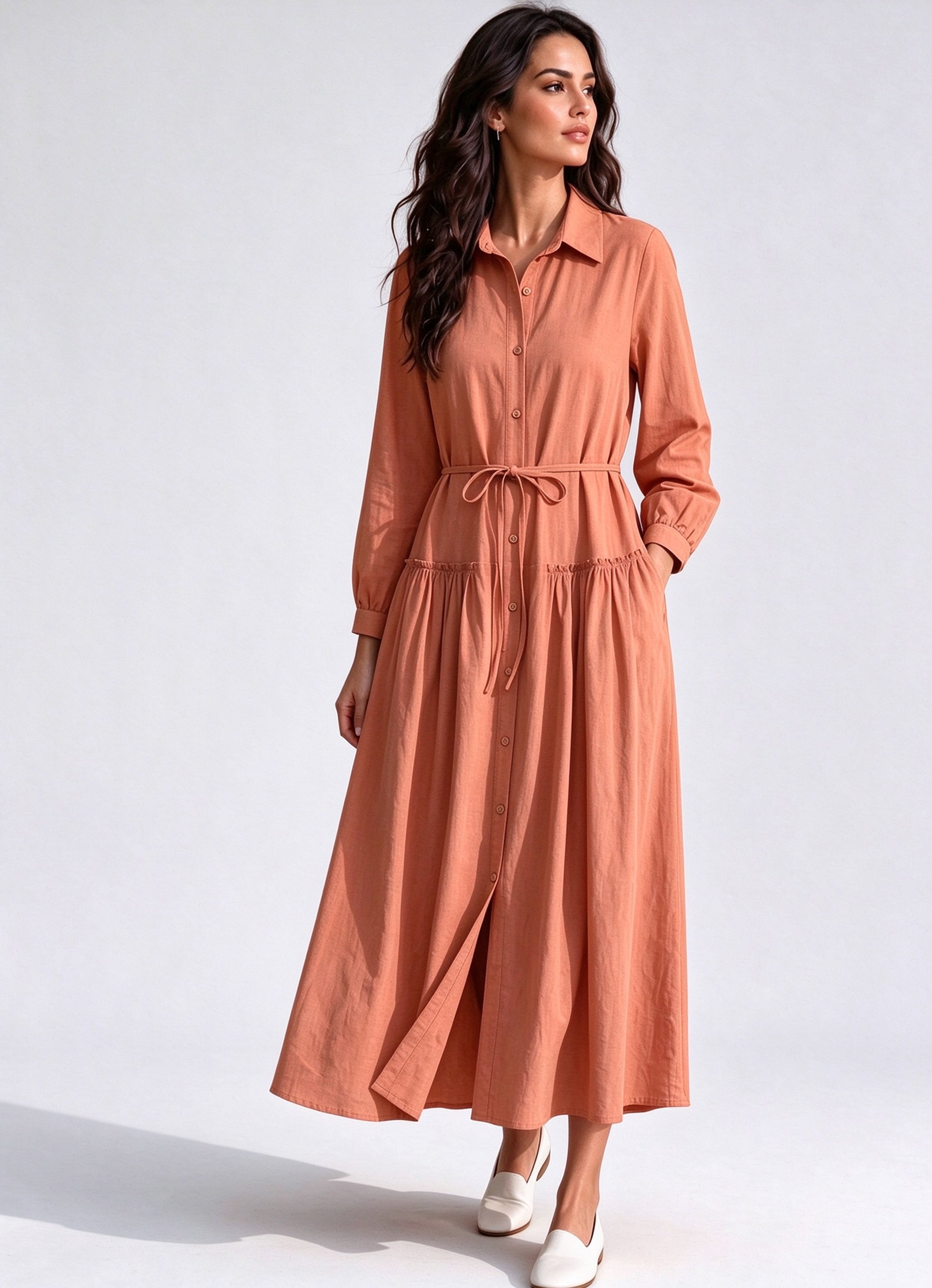 Peach Solid Collared A-Line Maxi Dress