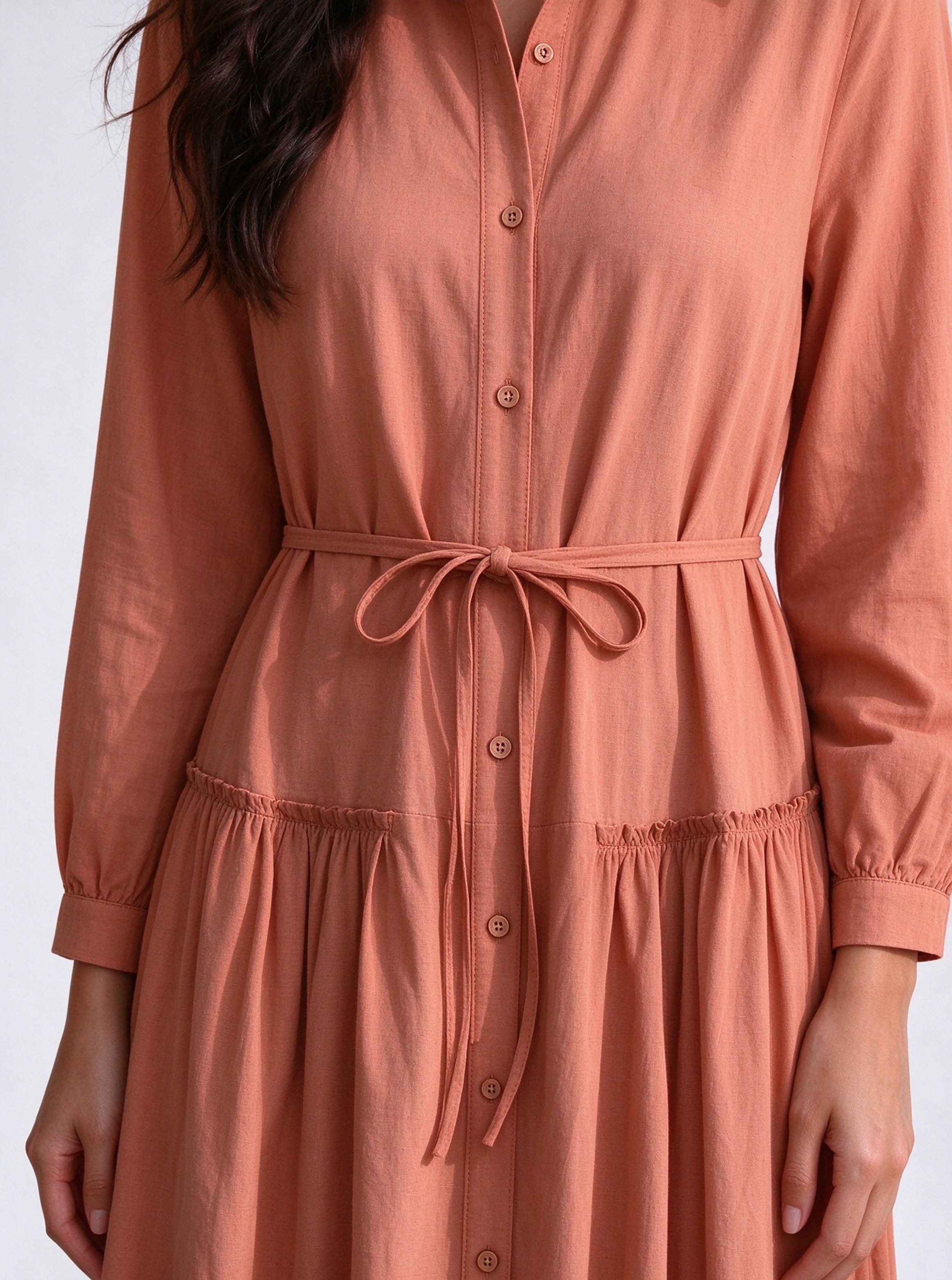 Peach Solid Collared A-Line Maxi Dress