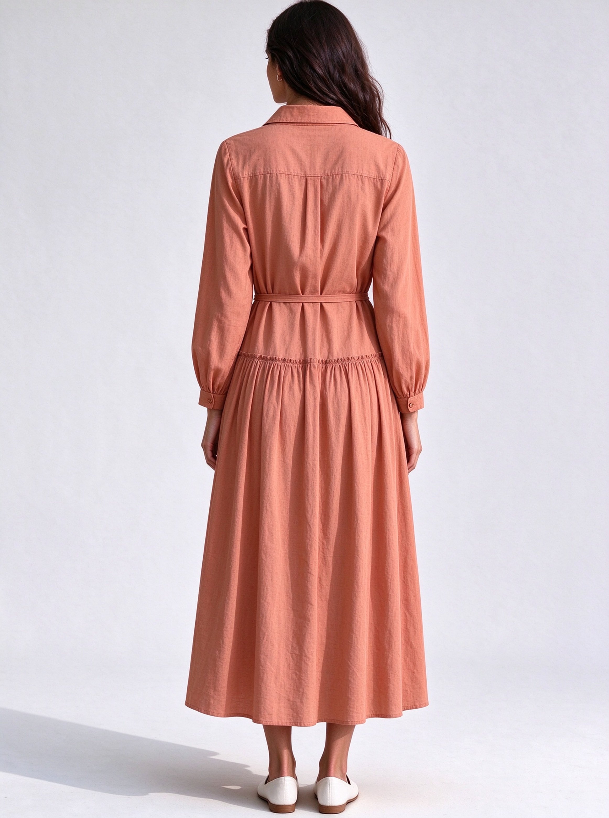 Peach Solid Collared A-Line Maxi Dress