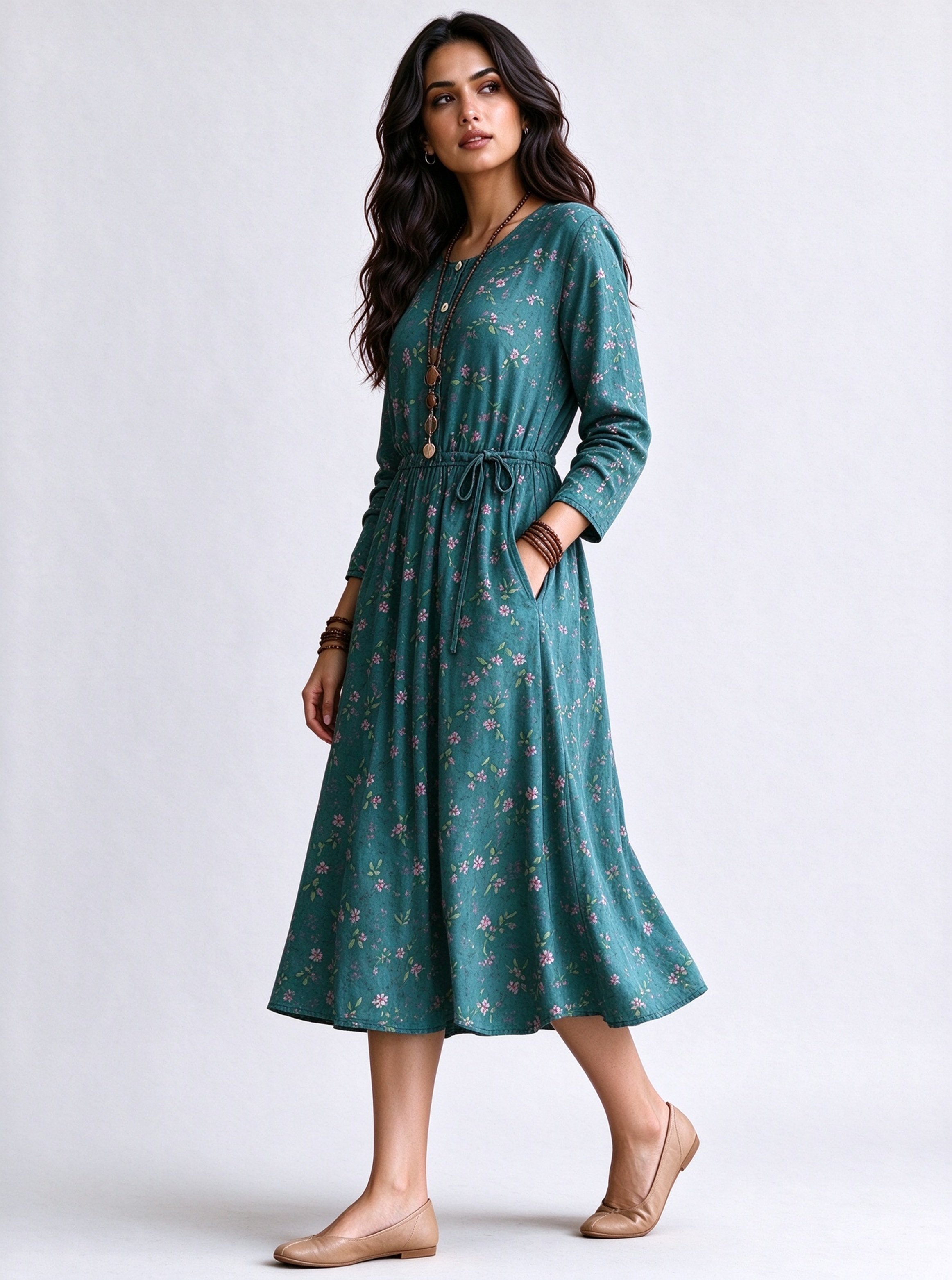 Teal Printed Round Neck A-Line Midi Dress