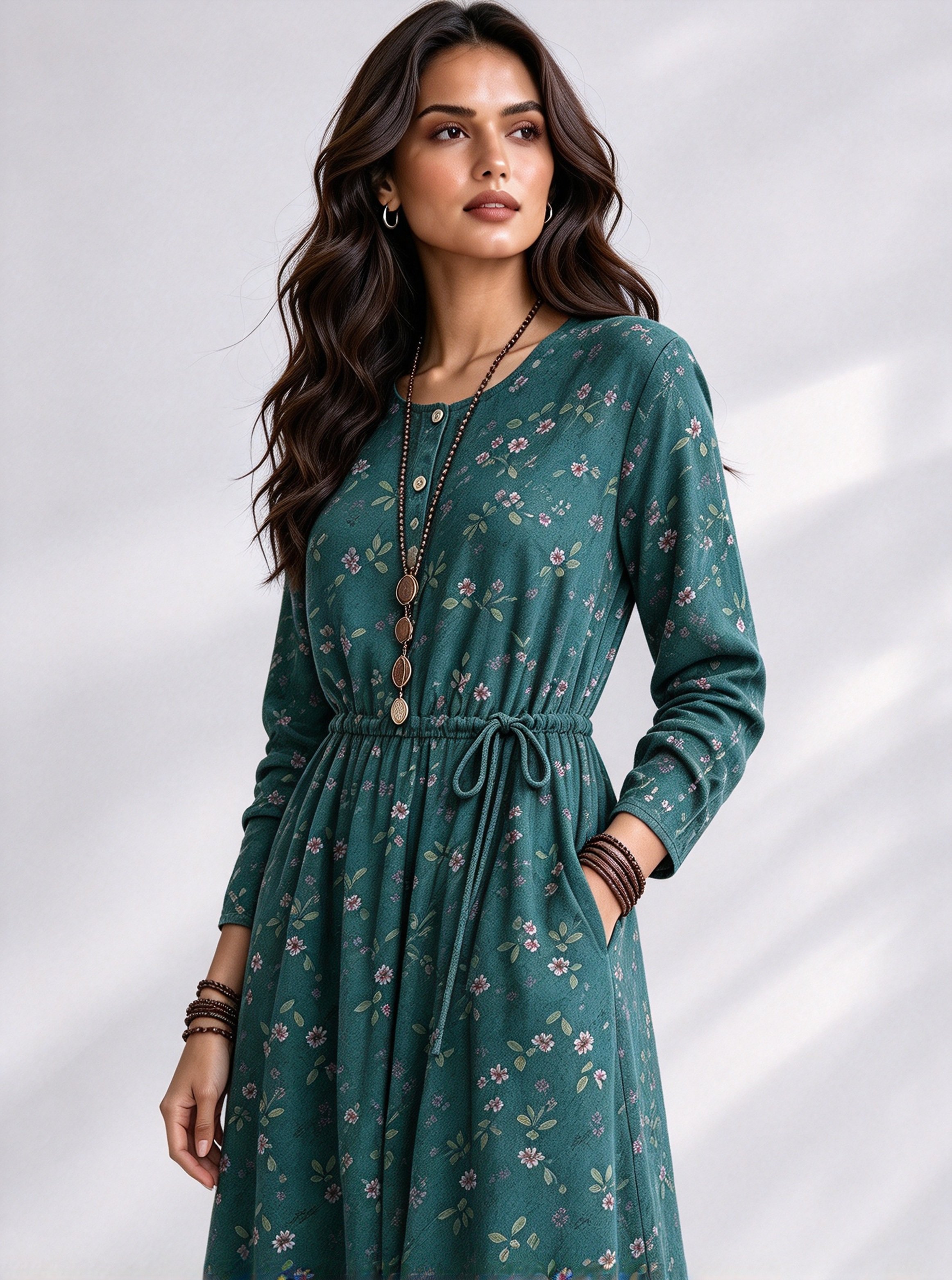 Teal Printed Round Neck A-Line Midi Dress