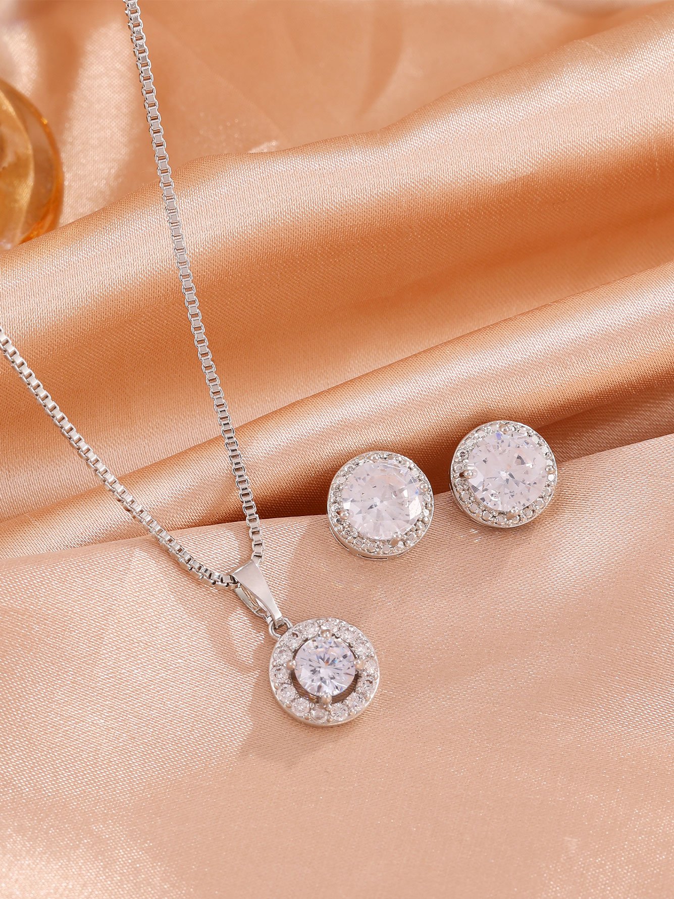 Silver Zircon Halo Pendant Necklace and Stud Earrings Set