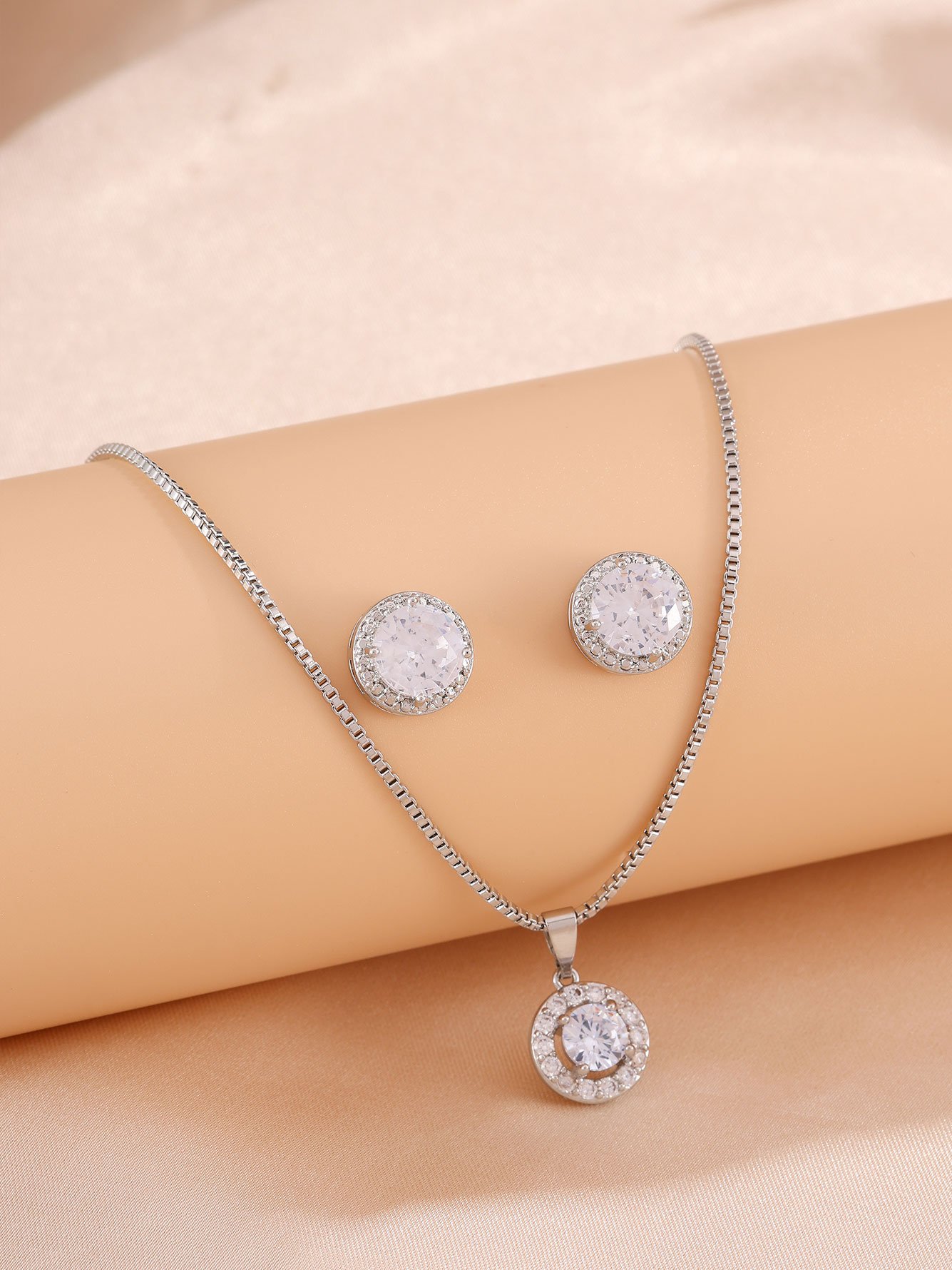 Silver Zircon Halo Pendant Necklace and Stud Earrings Set