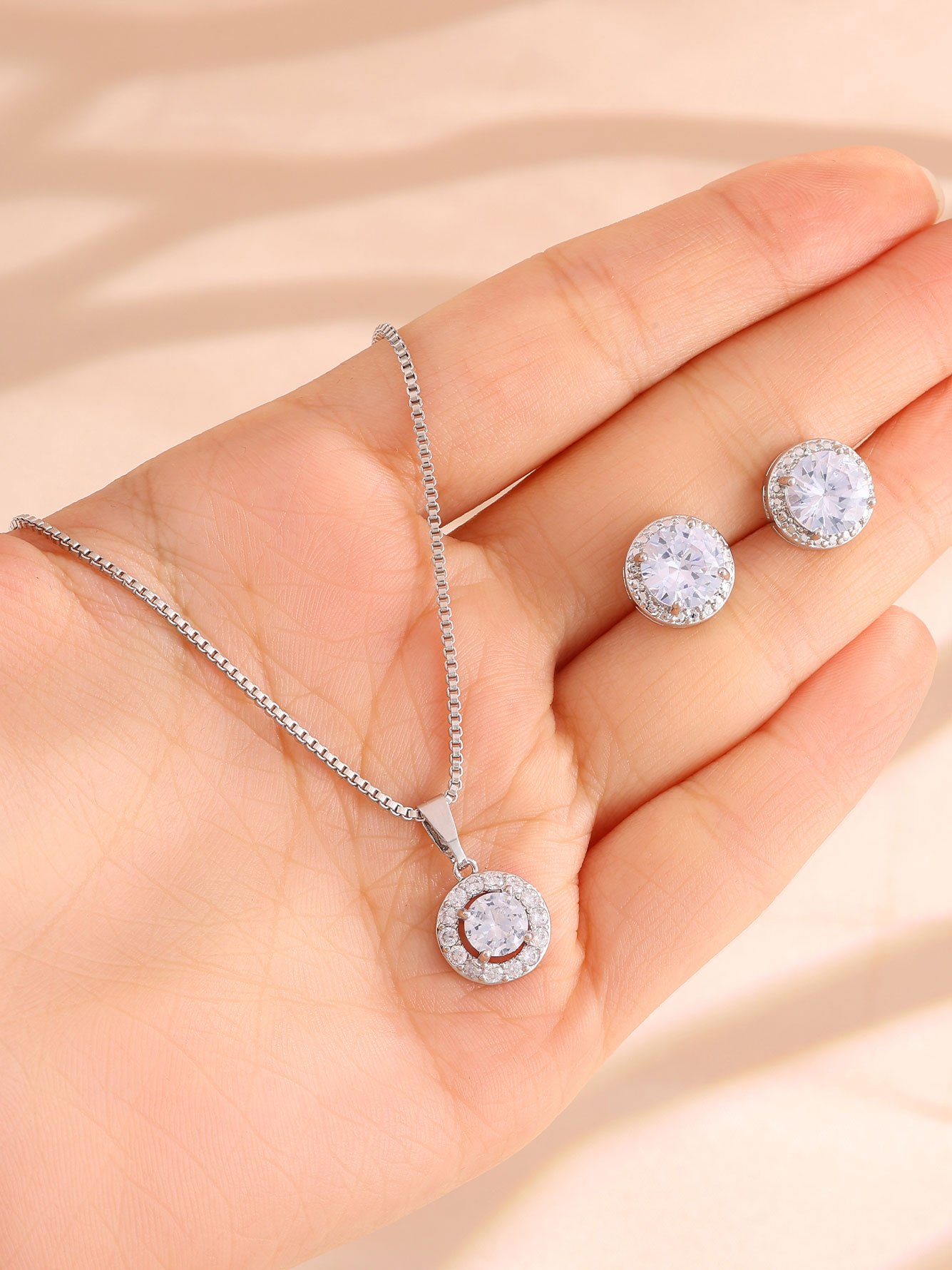 Silver Zircon Halo Pendant Necklace and Stud Earrings Set
