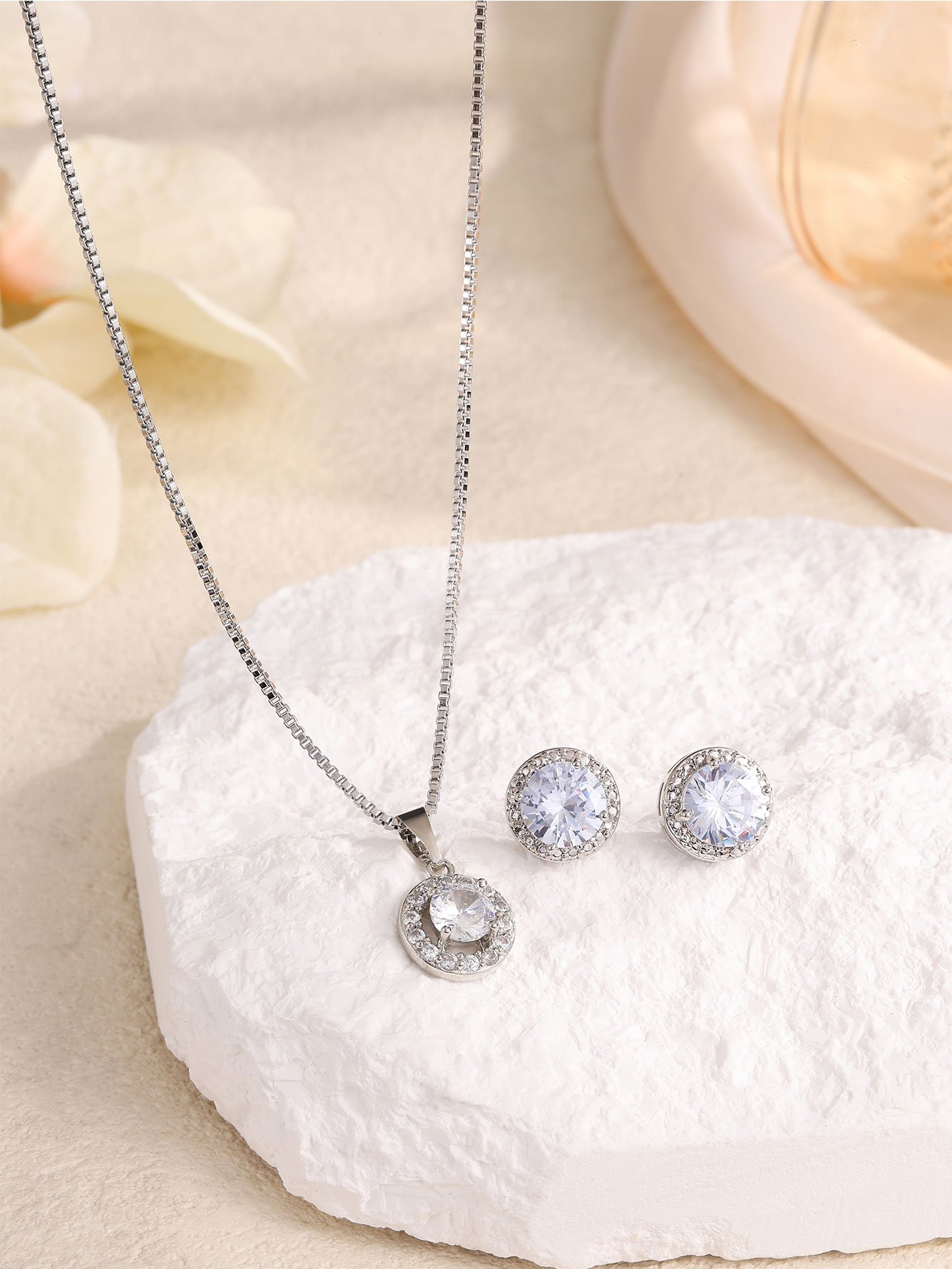 Silver Zircon Halo Pendant Necklace and Stud Earrings Set