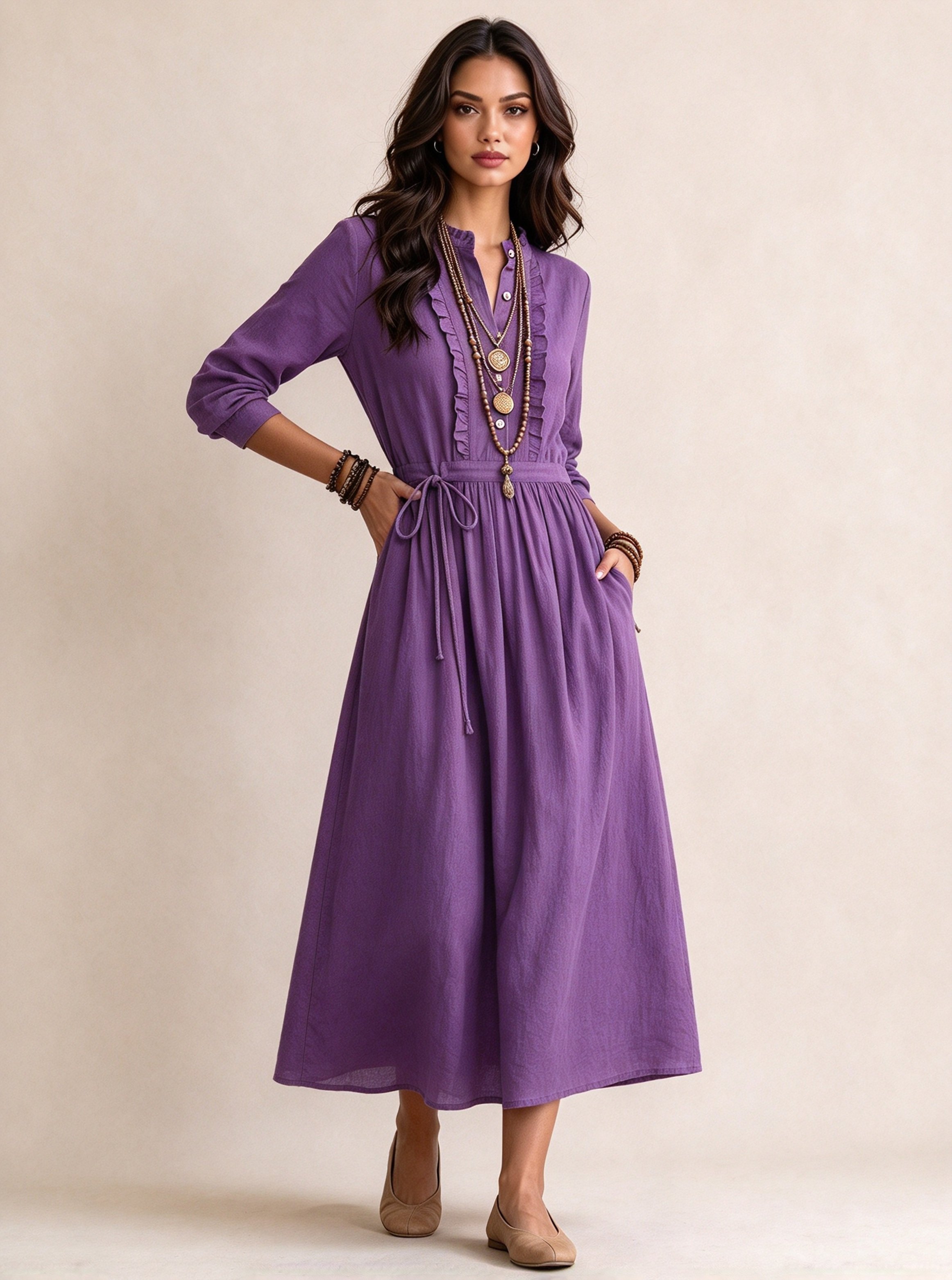 Purple Solid V Neck A-Line Midi Dress