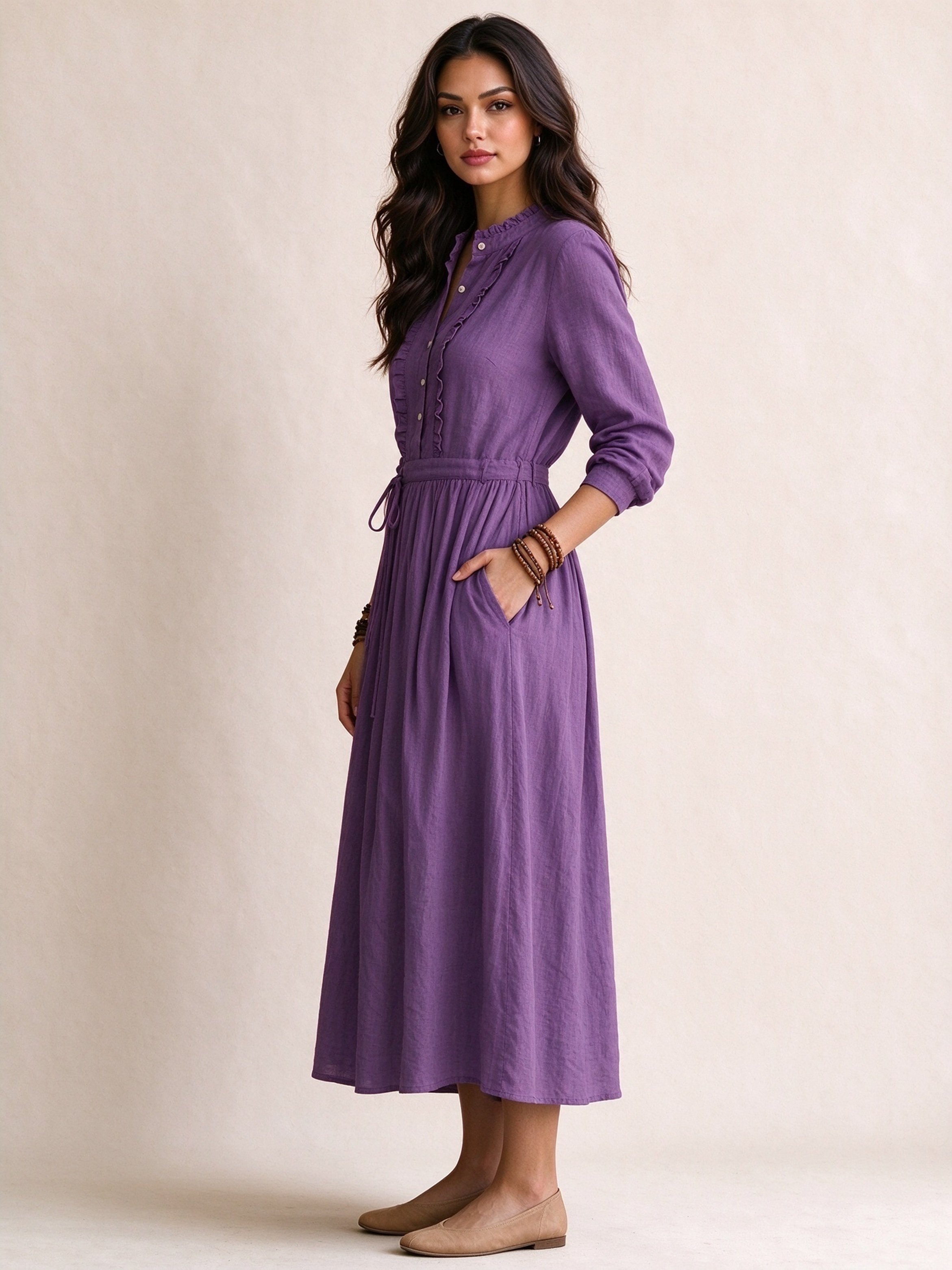 Purple Solid V Neck A-Line Midi Dress