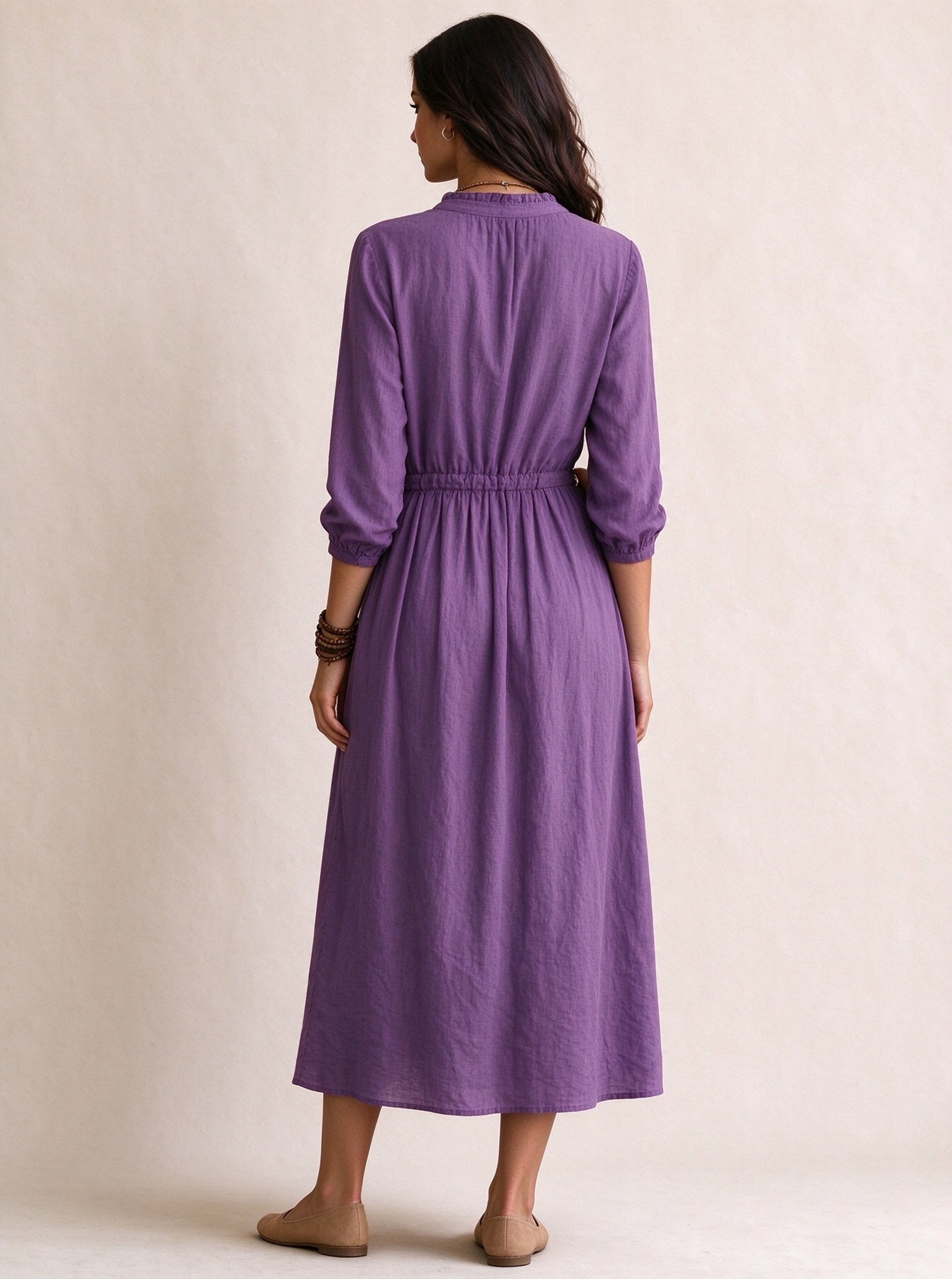 Purple Solid V Neck A-Line Midi Dress