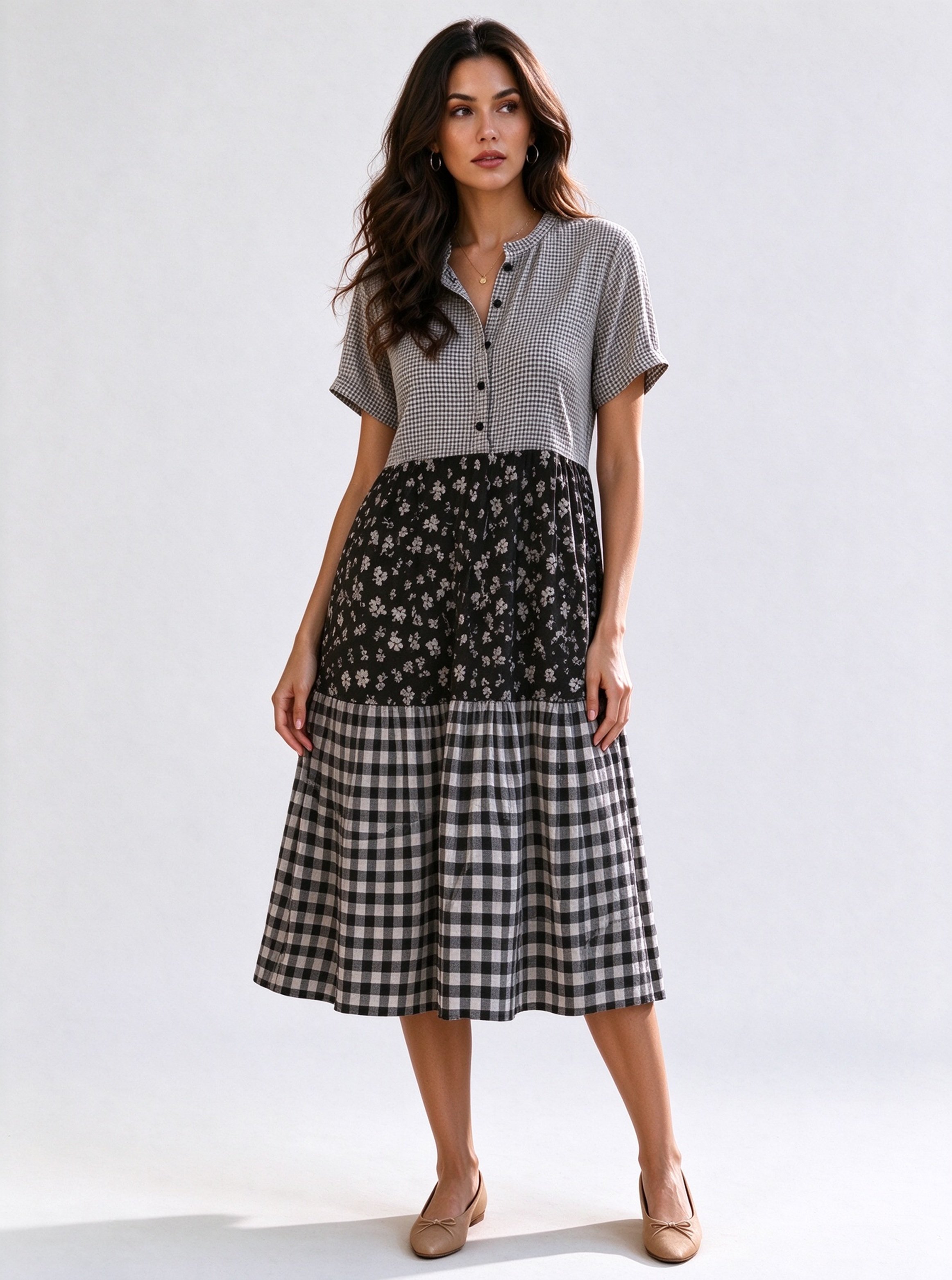 Multi Printed Collared Tiered Midi Dress